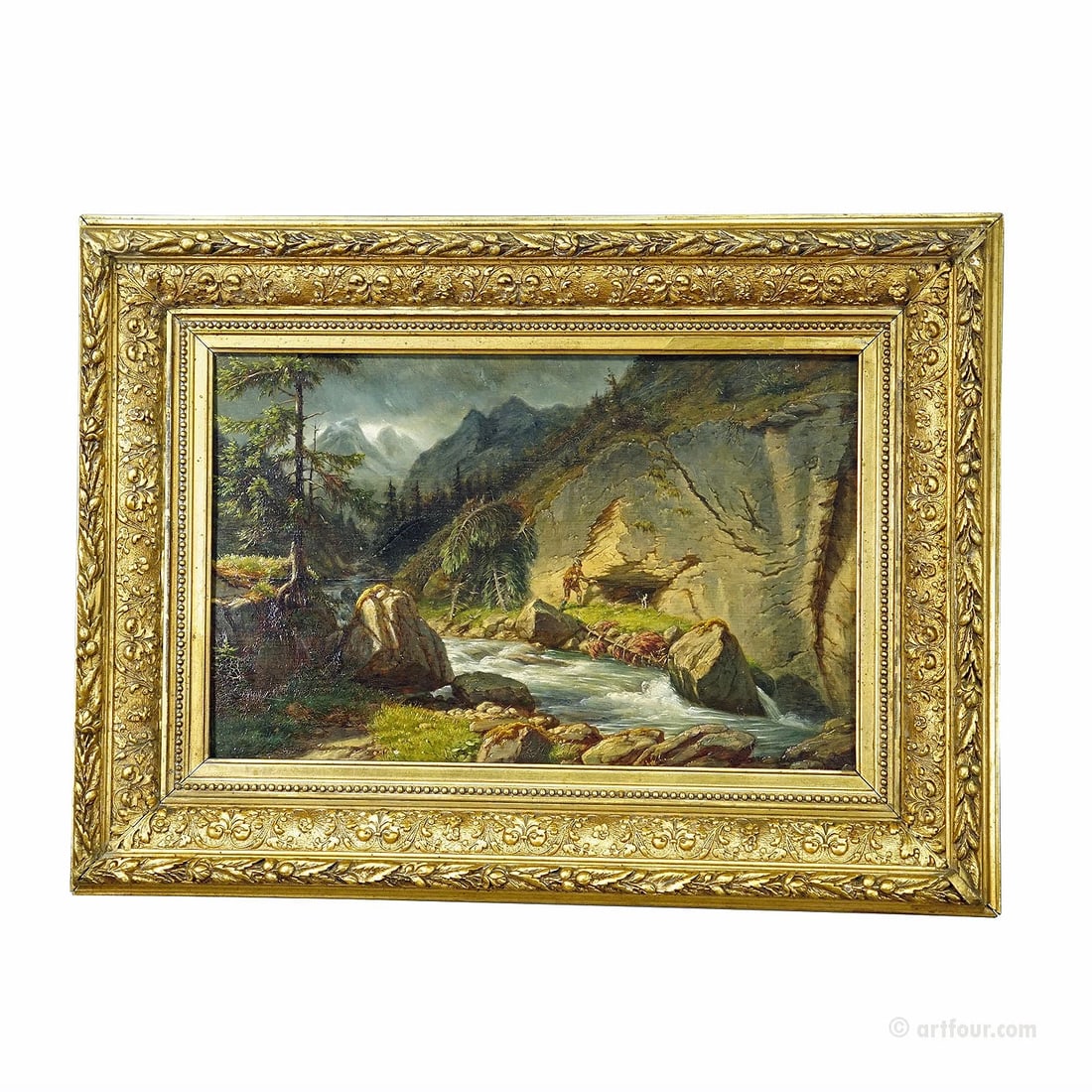 Carl Euler Bear Hunt in the Zillerthaler Alps, Oil Painting on Wooden Board 1889: width: 26.77 inchesheight: 19.69 inchesdepth: 3.54 incheswidth inside: 11.81 inchesheight inside: 18.50 inches. Condition: Used,Artist: e6694,Item Height: 19.69,Item Width: 26.77,Production Technique: