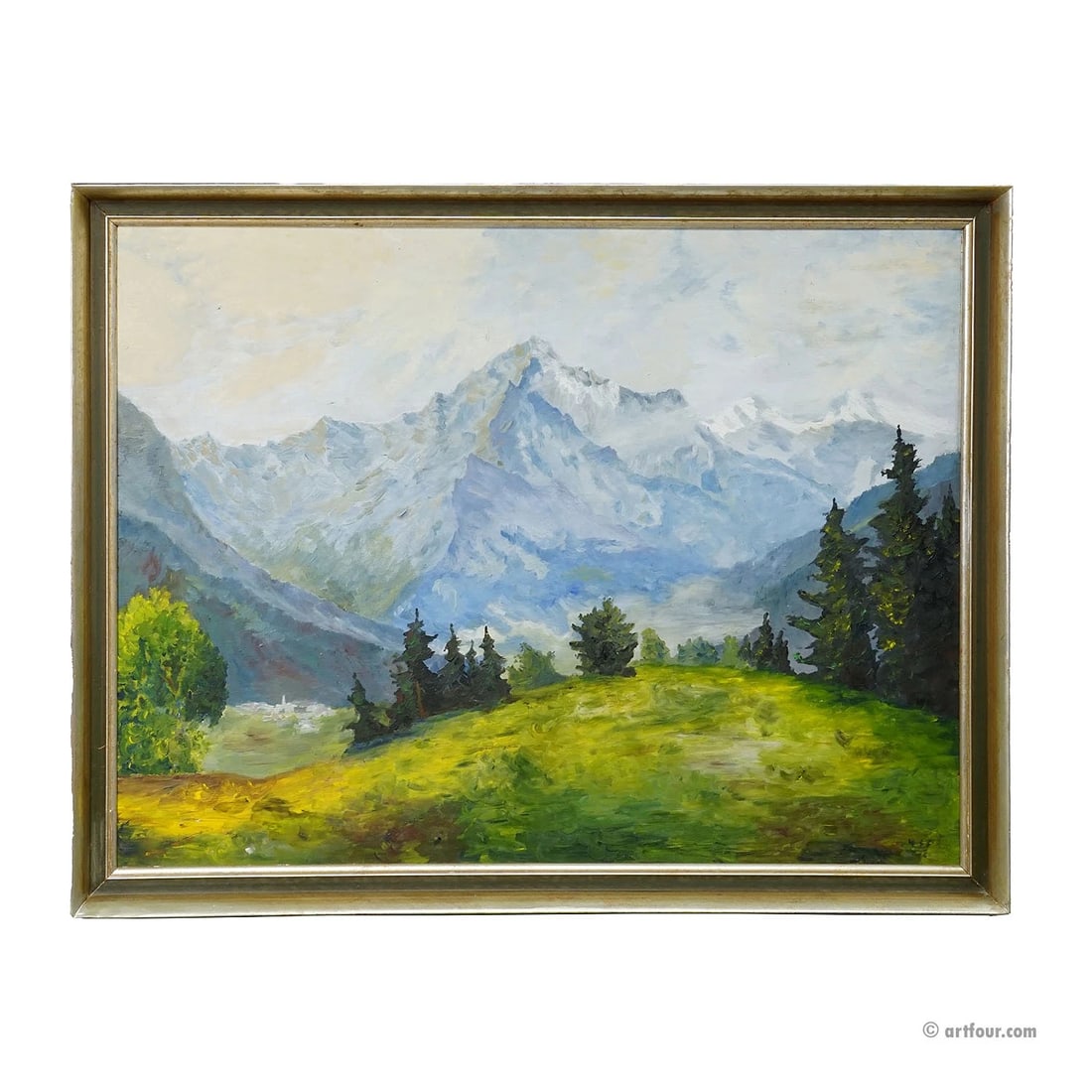 Alpine Landscape Painting with Meadow, Trees and Mountains (1 of 9)