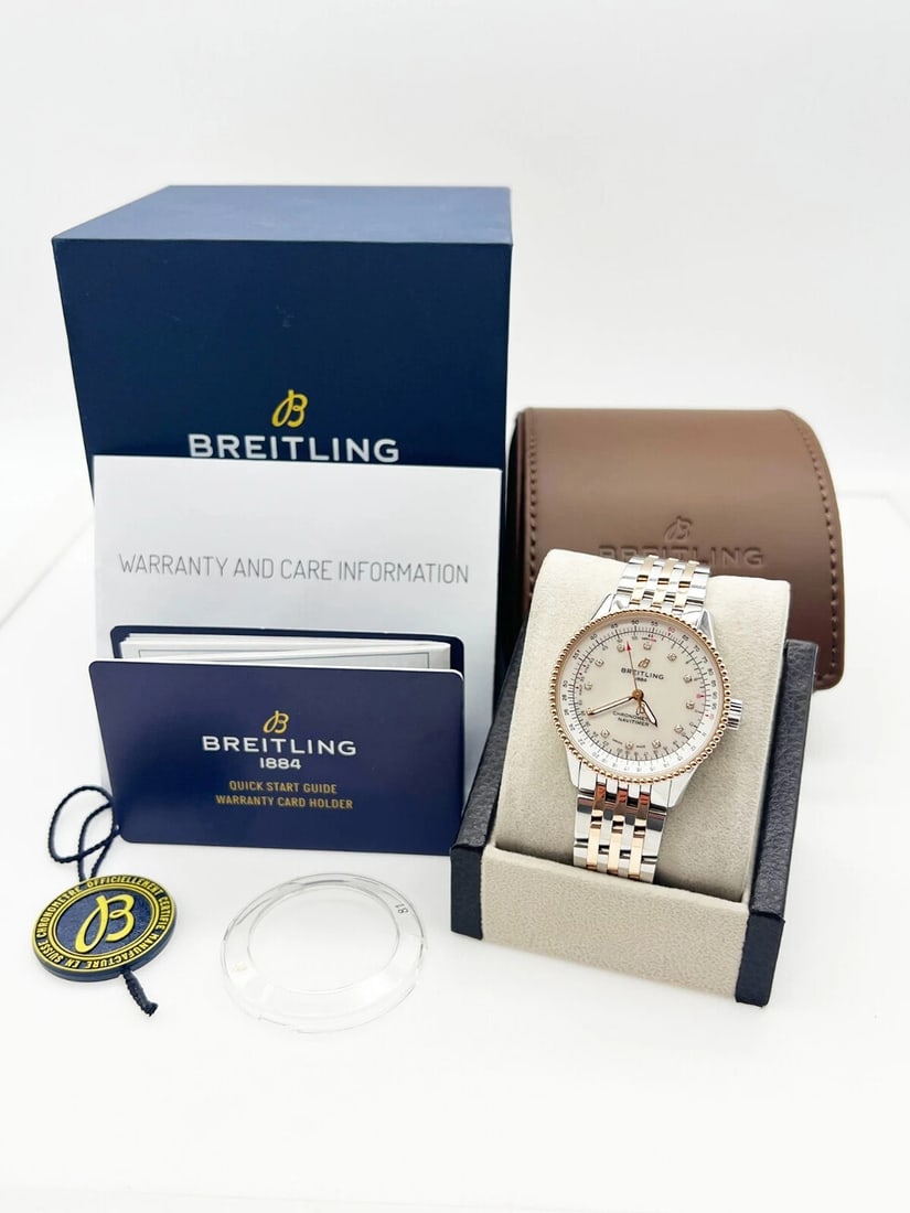 Breitling Navitimer U17395 35 MOP Diamond Dial 18K Rose Gold Steel Box: Condition: Pre-owned - Good,Country of Origin: Switzerland,Bezel Color: Rose,Movement: Mechanical (Automatic),Seller Warranty: Yes,Dial Pattern: Mother of Pearl,Year Manufactured: 2020-Now,Reference N