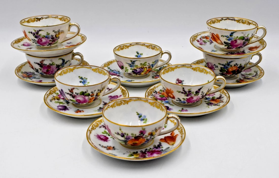 8 Hand Painted Dresden Demitasse Cup & Saucers - Flowers, Circa 1920 (1 of 13)