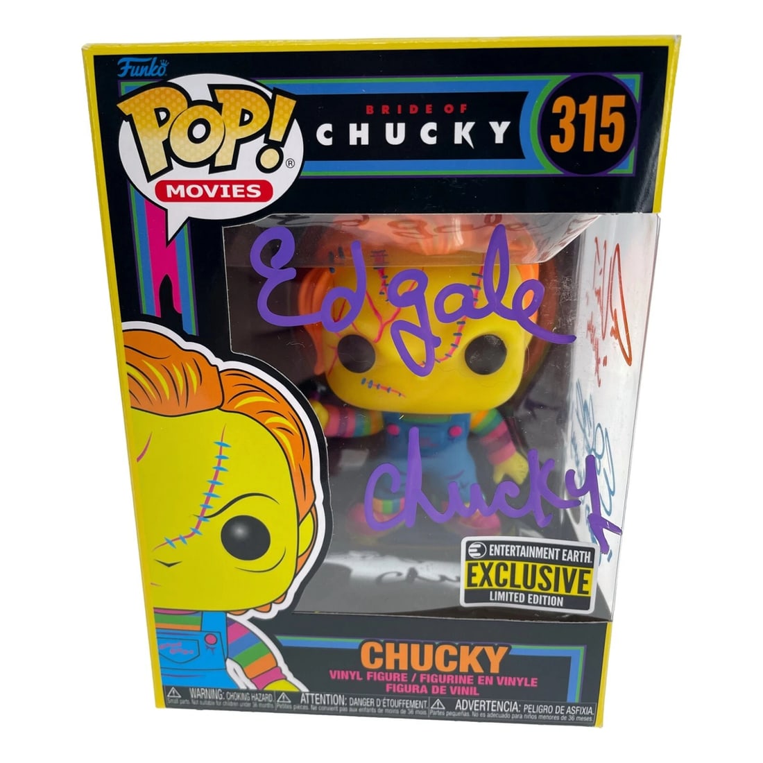 Chucky Funko Pop #315 Neon Signed x3 Ed Gale Alex Vincent Edan Gross JSA COA: Country of Origin: Vietnam,Industry: Movies,Personalize: No,Movie: Chucky,Signed by: Ed Gale,Signed: Yes,Autograph Authentication: James Spence (JSA),Original/Reproduction: Original