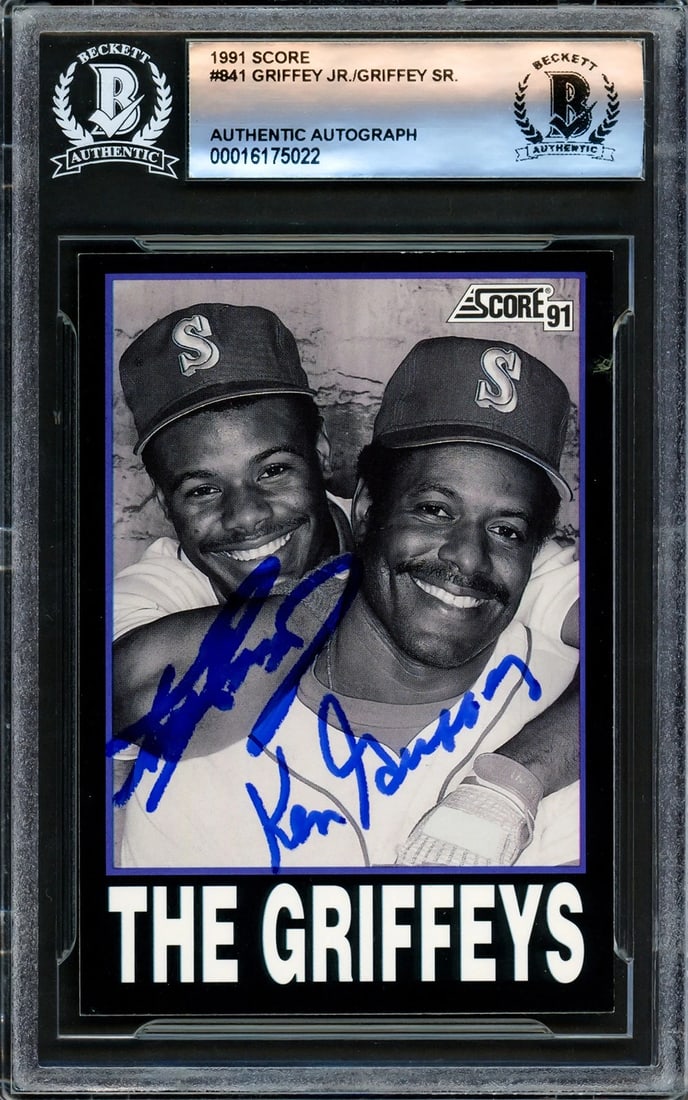 Ken Griffey Jr. & Sr. Signed 1991 Score Card 841 Seattle Mariners Beckett: Condition: Ungraded - Very good: Not in original packaging or professionally graded ,Player/Athlete: Ken Griffey Jr.,Player: Ken Griffey Jr.,Team: Seattle Mariners,Sport: Baseball,Product: