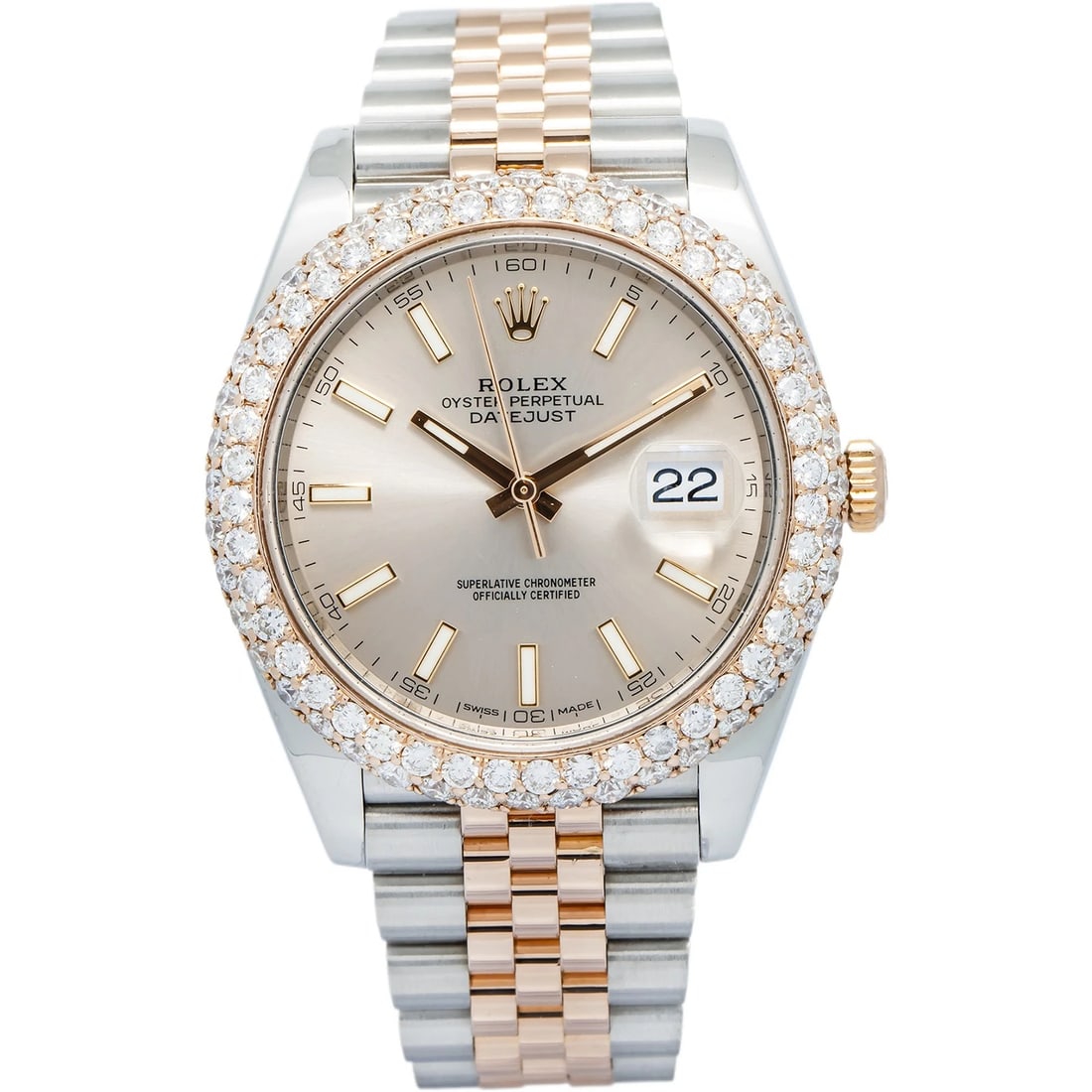 Rolex Datejust 126331 18k Rose Two Tone Silver Dial Diamond Bezel Watch 41mm: Case Size41mmWrist Fit7 inchesBoxNoPapersNoCondition — Used - GoodFull SpecificationsBrandRolexCustomizedAftermarket Diamond BezelSerial #87J5****GenderMen'sBand MaterialRose Gold Two ToneBand Color