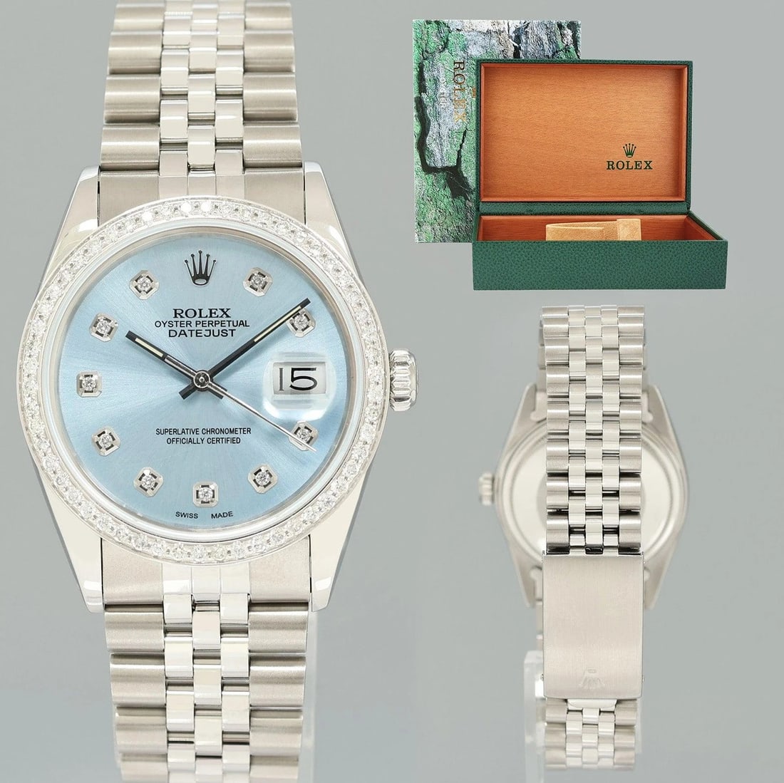 DIAMOND Bezel Rolex DateJust 36mm Glacier Blue Diamond 16030 Steel Watch Box (1 of 7)