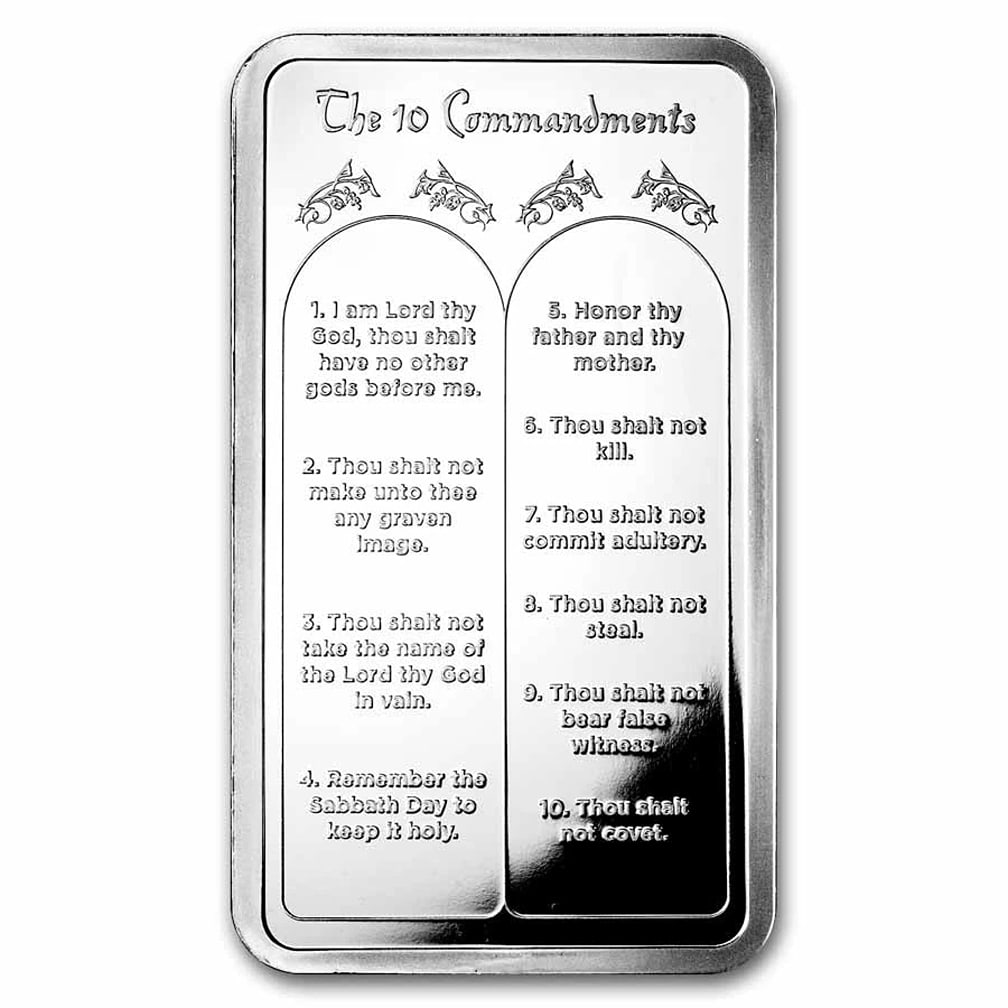 10 oz Silver Bar - Ten Commandments: Brand: 9Fine Mint,MPN: 287706,Year: N/A,Fineness: 0.999,Denomination: N/A,Country of Origin: United States,Circulated/Uncirculated: None,Certification: Uncertified
