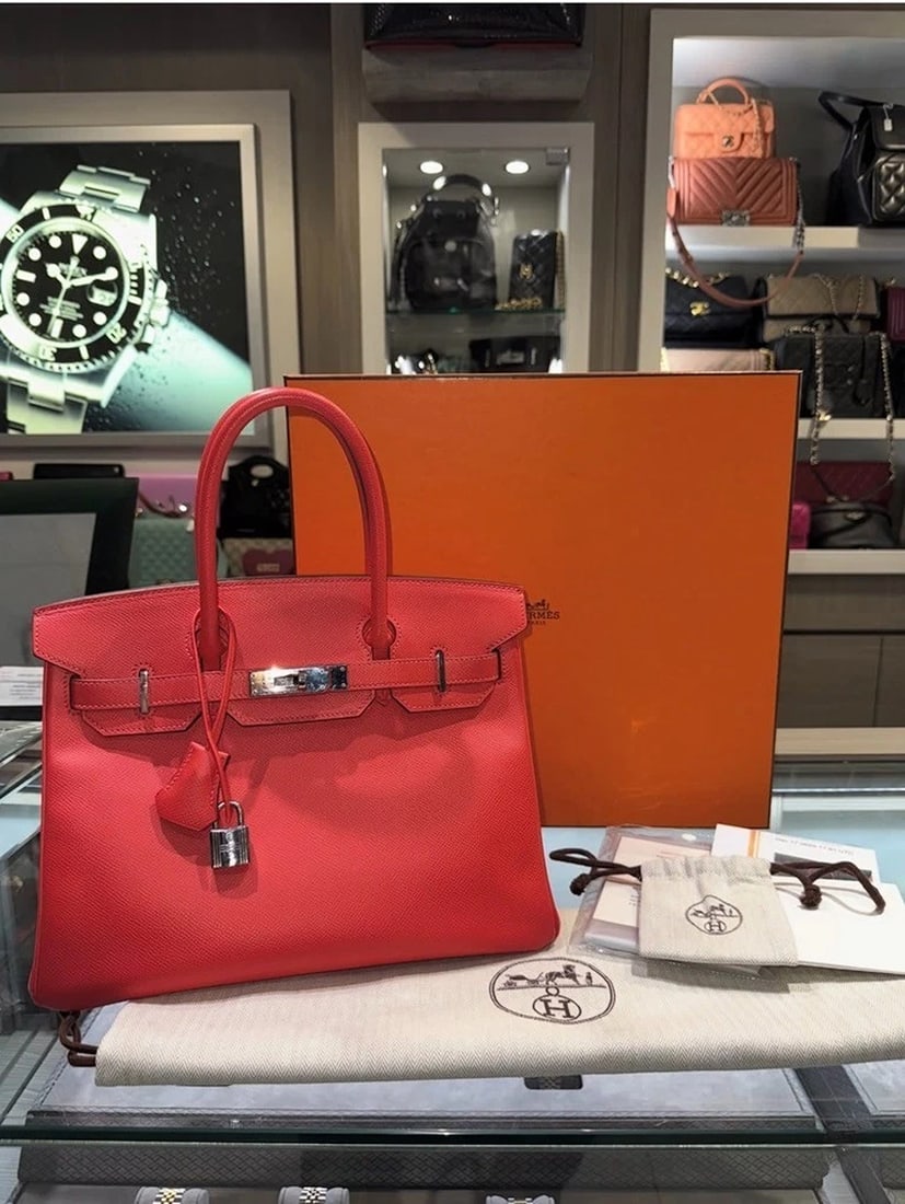 Hermes Birkin 30 Rose Jaipur Epsom leather with palladium hardware (2016): Condition: Pre-owned - Good,Model: HERMÈS Birkin 30,Brand: HERMÈS,Department: Women,Exterior Color: Palladium,Theme: Rose,Style: Tote,Exterior Material: Leather,Country of Origin: France,Product