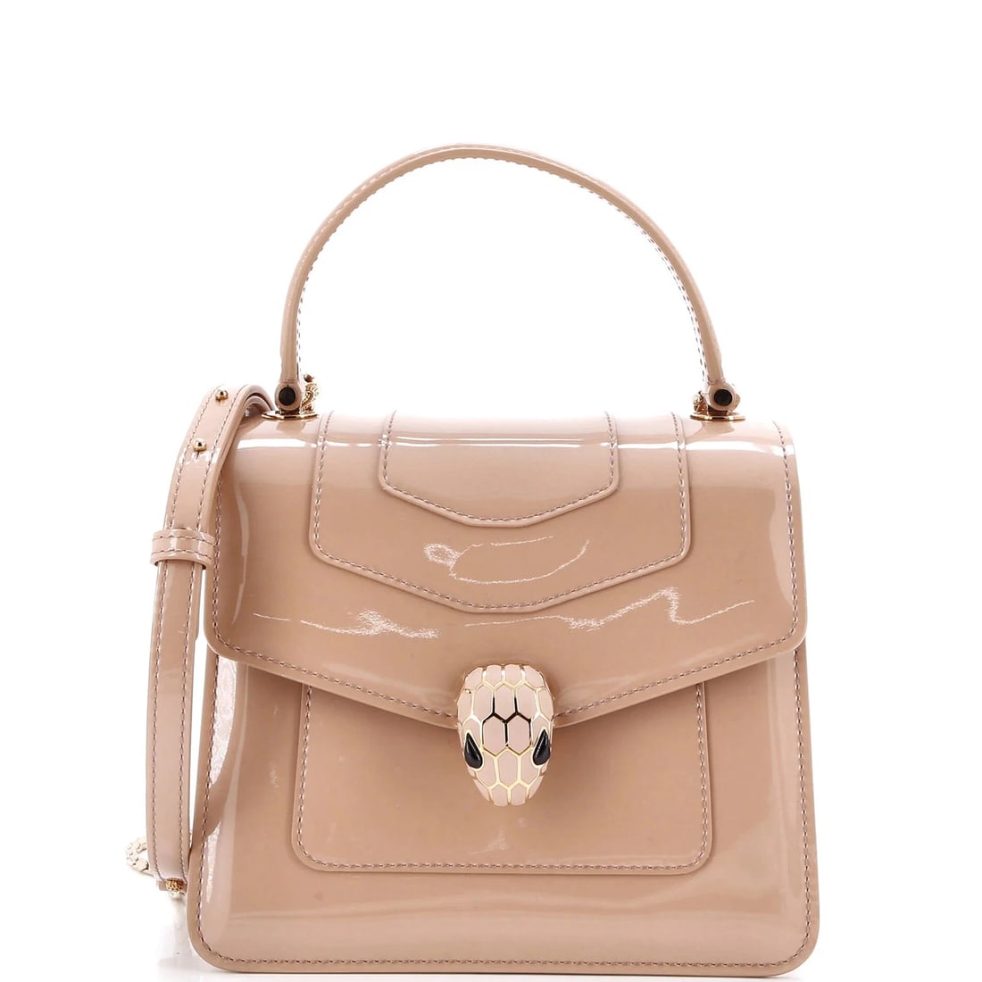 Bvlgari Serpenti Top Handle Bag Patent Small: Condition: Pre-owned - Excellent,Brand: Bvlgari,Exterior Material: Patent Leather,Style: Top Handle,Exterior Color: Neutral,Department: Women,Size: Small,Accessories: Dust Bag, Mirror, With