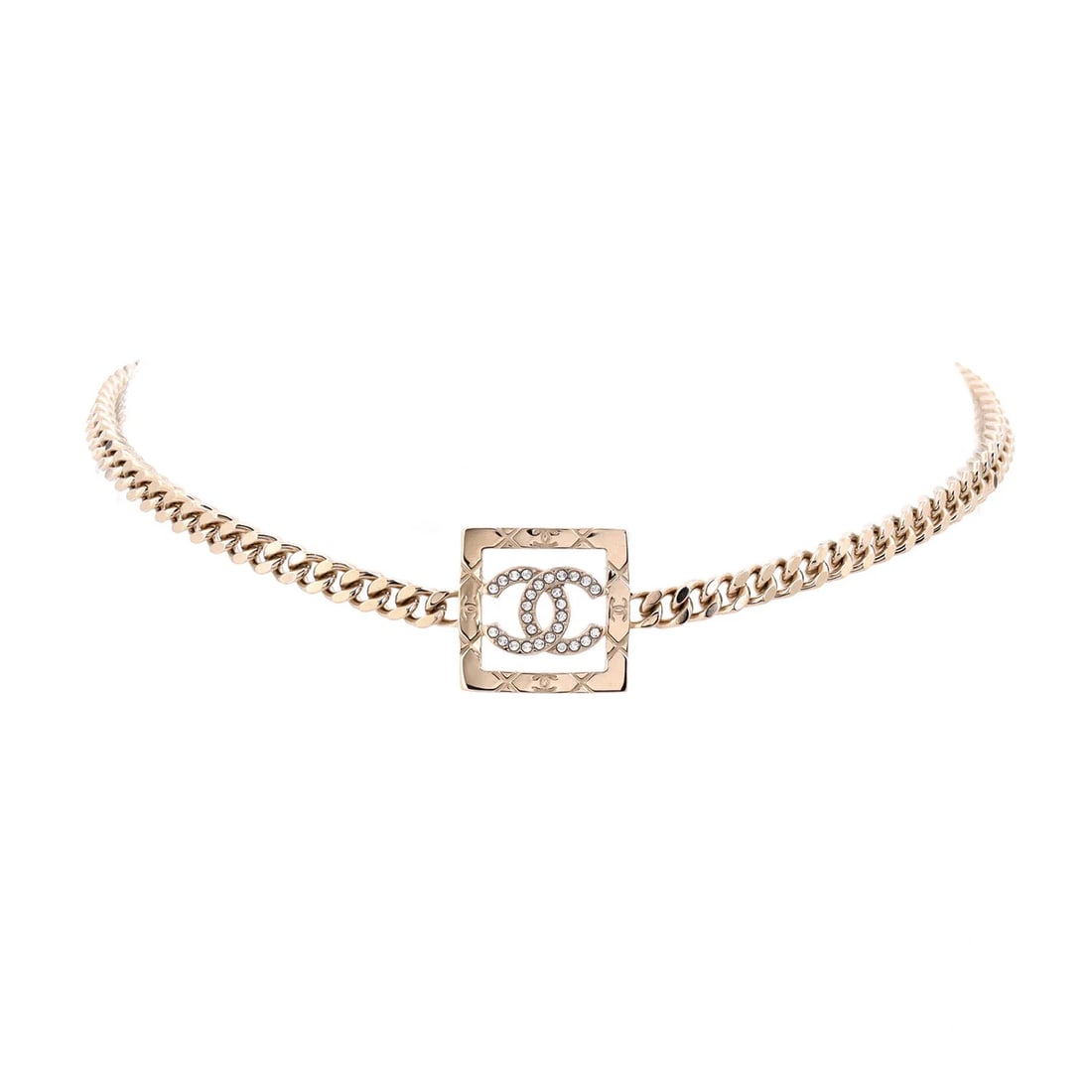 Chanel CC Coco Mark Square Chain Choker Necklace Metal with Crystal: Condition: Pre-owned,Style: Chain,Brand: Chanel,Type: Necklace,Color: Gold,Metal: Unknown,Main Stone: Unknown,Material: Crystal, Metal,Metal Purity: UnknownCondition: Excellent. Light scratches