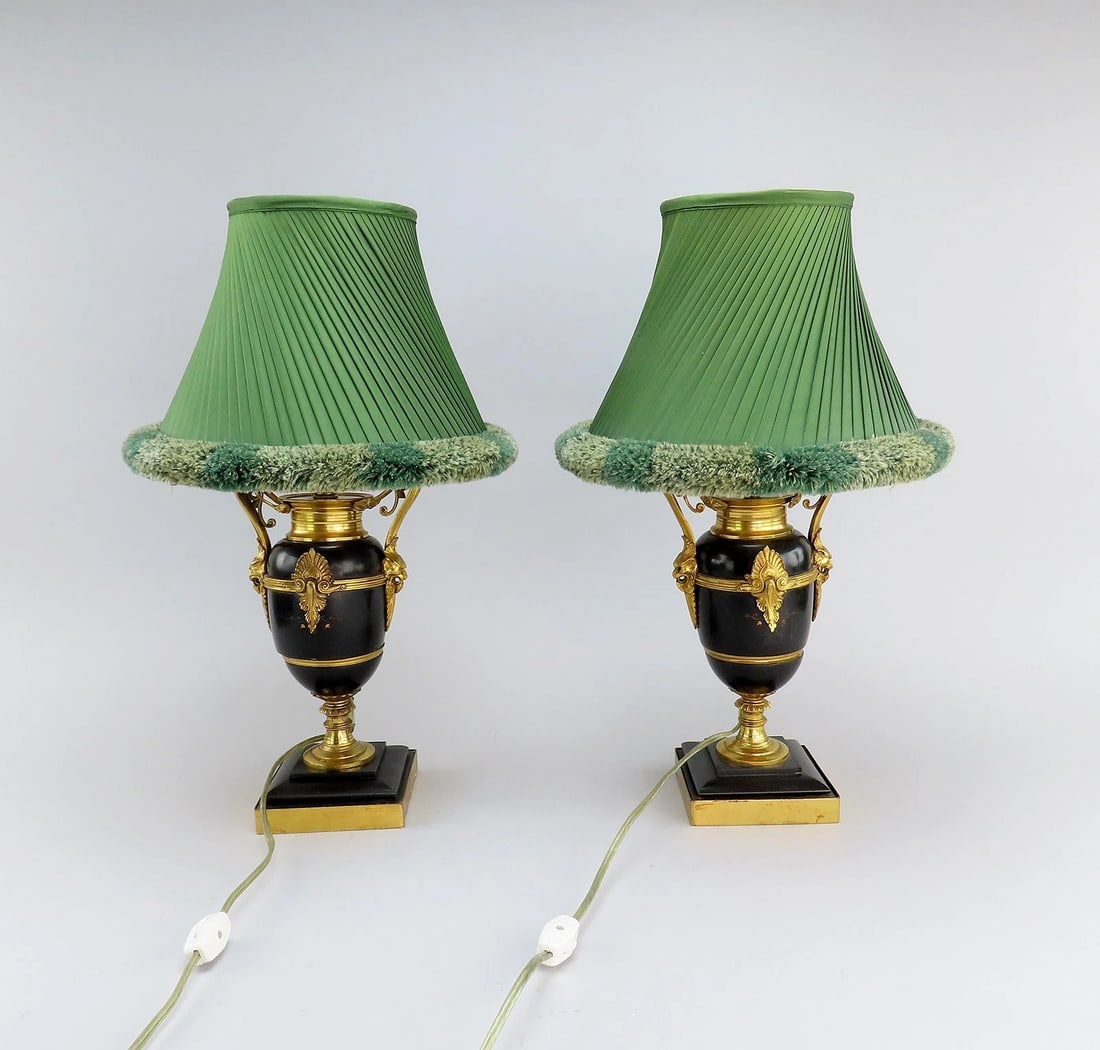 Mid-1800s French Style Black Stone Urn Lamps Pair w/ Green Lampshades 17" Tall: Condition: Used: An item that has been used previously. The item may have some signs of cosmetic wear, but is fully operational and functions as intended. This item may be a floor model or store
