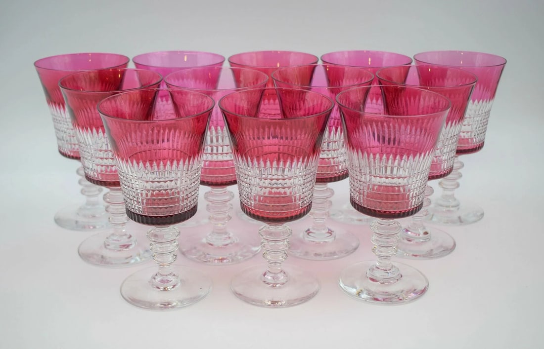 12 Dorflinger - Val St. Lambert - Cranberry Cut to Clear Water Glasses C 1920: Brand: Cranberry,Type: Water Glass,Color: Cranberry,Style: Renaissance,Year Manufactured: 1920,Material: Glass,Production Style: Cut Glass,Vintage: Yes12 Val Saint Lambert Cranberry Cut to Clear Water