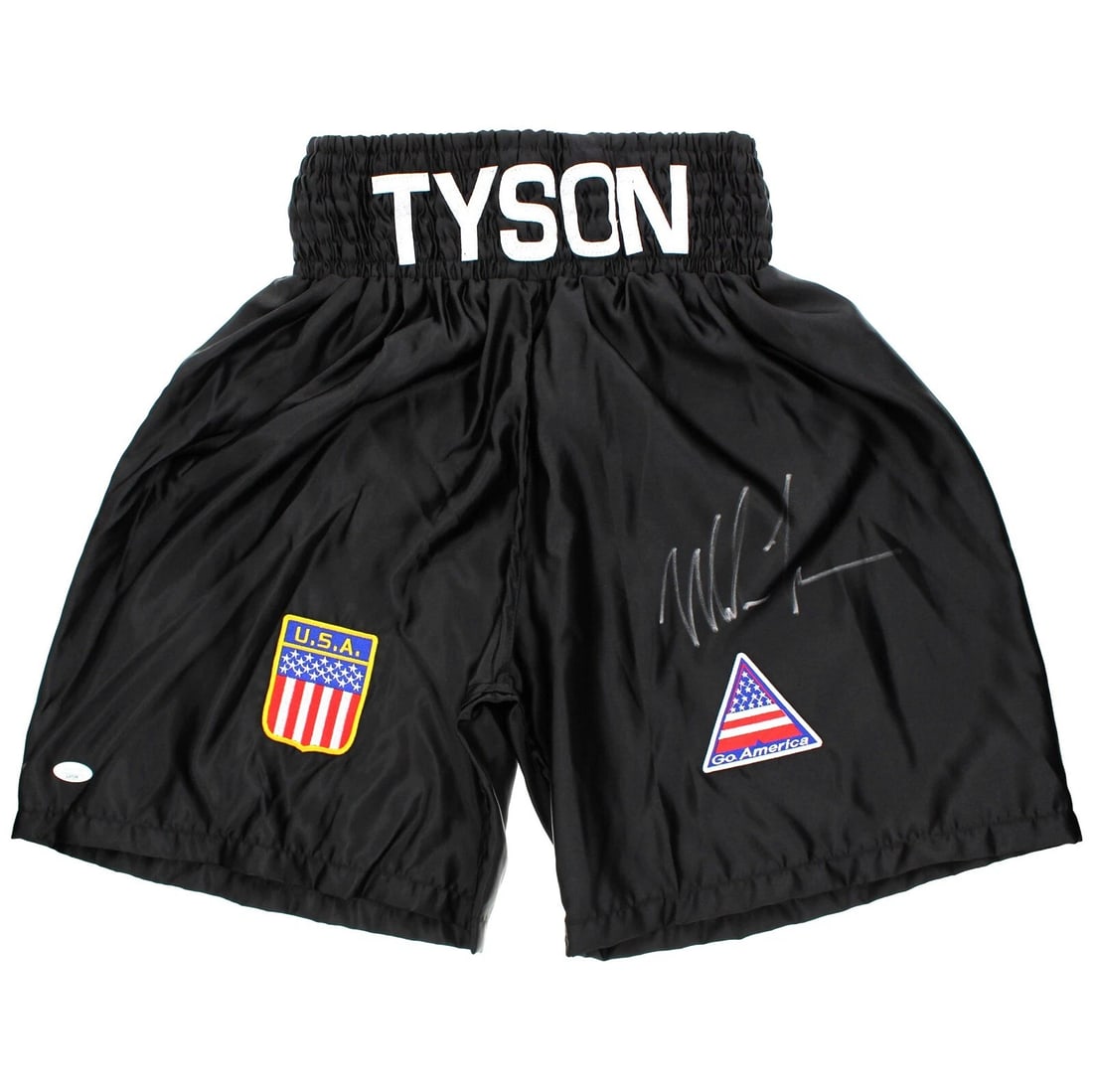 Mike Tyson Autographed Black Boxing Trunks JSA COA Signed Shorts USA Patches (1 of 6)