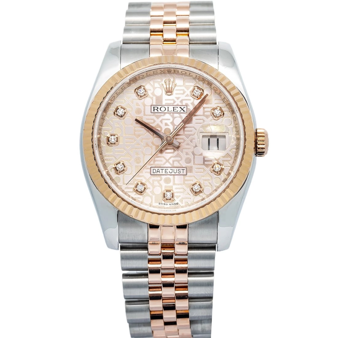 Rolex Datejust 116231 18k RG Two Tone Jubilee Factory Diamond Dial Auto 36mm: Case Size36mmWrist Fit6.75inchesBoxNoPapersNoCondition — Used - GoodFull SpecificationsBrandRolexCustomizedNoSerial #G39xxxxGenderUnisexBand Material18k Rose Gold/Stainless SteelBand Color18k Rose G