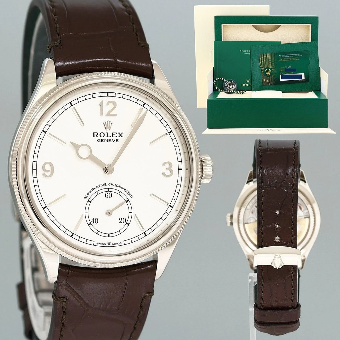 NEW 2024 PAPERS Rolex 1908 White Gold Silver Dial Leather Perpetual 52509 Watch: Brand RolexModelCellini MoonphaseReference Number52509Serial NumberRandomGenderMensMetalWhite GoldCase Size39.00mmWrist SizeThis watch will currently fit a wrist up to 7.75"MovementRolex Automatic Mov