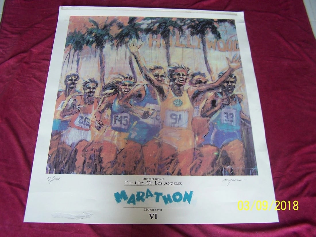 Michael Bryan signed Serigraph LE 67/1000 1991 L.A. Marathon Poster & Badge: Condition: Used,Artist: Michael Bryan,Subject: Balboa Island,Style: Expressionism,Original/Licensed Reprint: Limited Edition Artist Proof Remarque,Year of Production: 1990-1999,Material: Serigraph & S