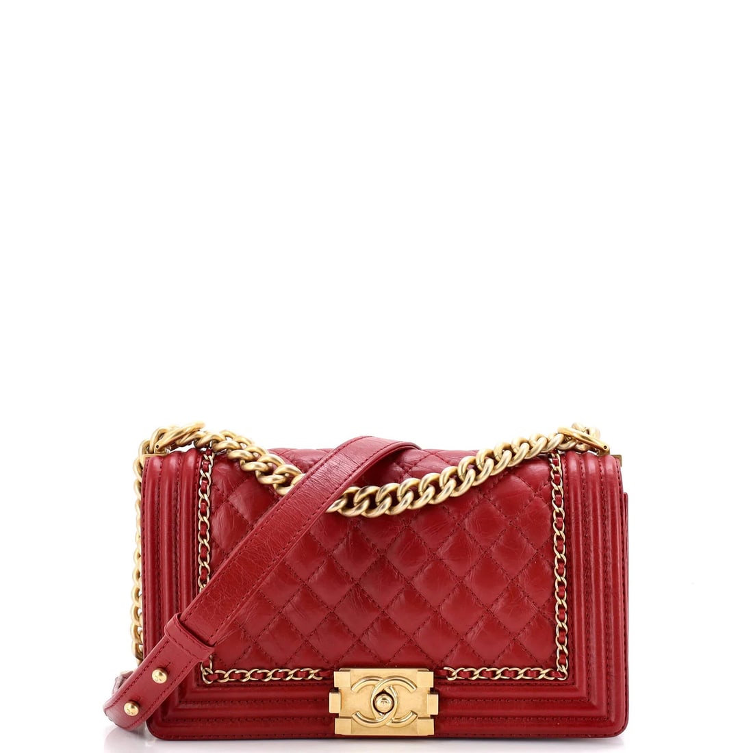 Chanel Jacket Boy Flap Bag Quilted Aged Calfskin Old Medium: Condition: Pre-owned - Good,Brand: Chanel,Exterior Material: Leather,Style: Cross Body Bags,Exterior Color: Red,Department: Women,Size: Old MediumCondition: Very good. Exterior: edge wear, minor scuff