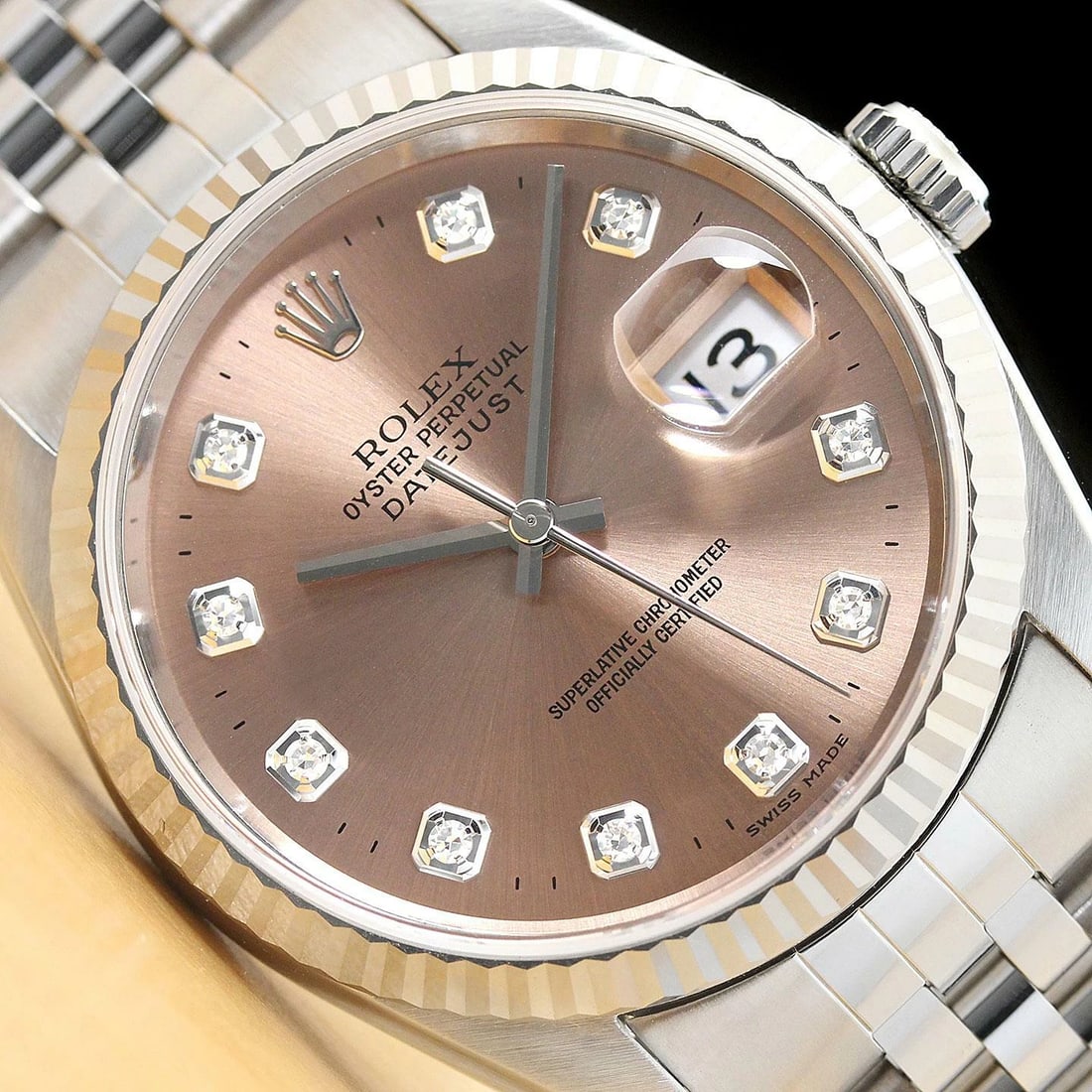 MENS ROLEX DATEJUST 16234 SALMON FACTORY DIAMOND DIAL 18K WHITE GOLD STEEL WATCH: Condition: Pre-owned - Good,Bezel Color: Silver,Max Wrist Size: 7.26-7.5 in,Number of Jewels: 31 Jewels,Indices: Diamond Markers, 12-Hour Dial,Bezel: Rolex 18K White Gold Fluted Bezel,Band/Strap: Brac