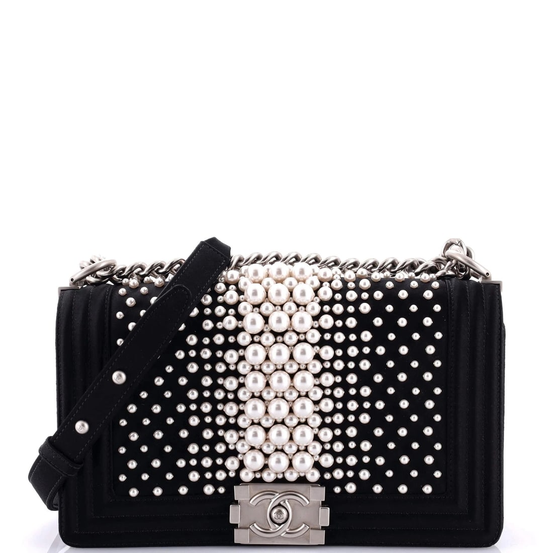 Chanel Boy Flap Bag Pearl Embellished Satin Old Medium: Condition: Pre-owned - Good,Brand: Chanel,Exterior Material: Faux Pearl, Satin,Style: Shoulder Bags,Exterior Color: Black,Department: Women,Size: Old Medium,Accessories: Authenticity CardCondition: Gr