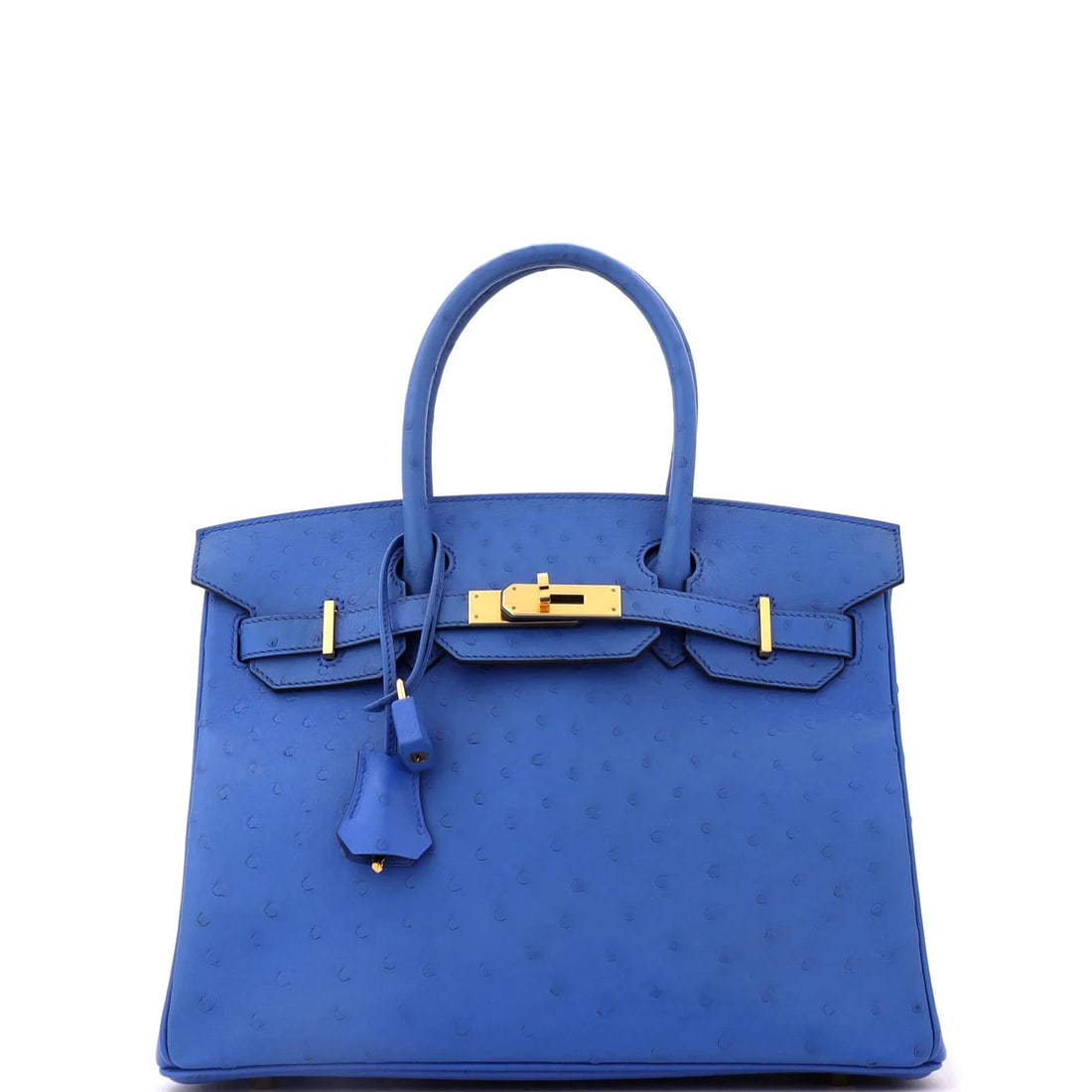 Hermes Birkin Handbag Blue Ostrich with Gold Hardware 30: Condition: Pre-owned - Good,Brand: Hermes,Exterior Material: Ostrich,Style: Totes,Exterior Color: Blue,Department: Women,Size: 30,Accessories: Keys, Clochette, Lock, Dust BagCondition: Very good. Exte