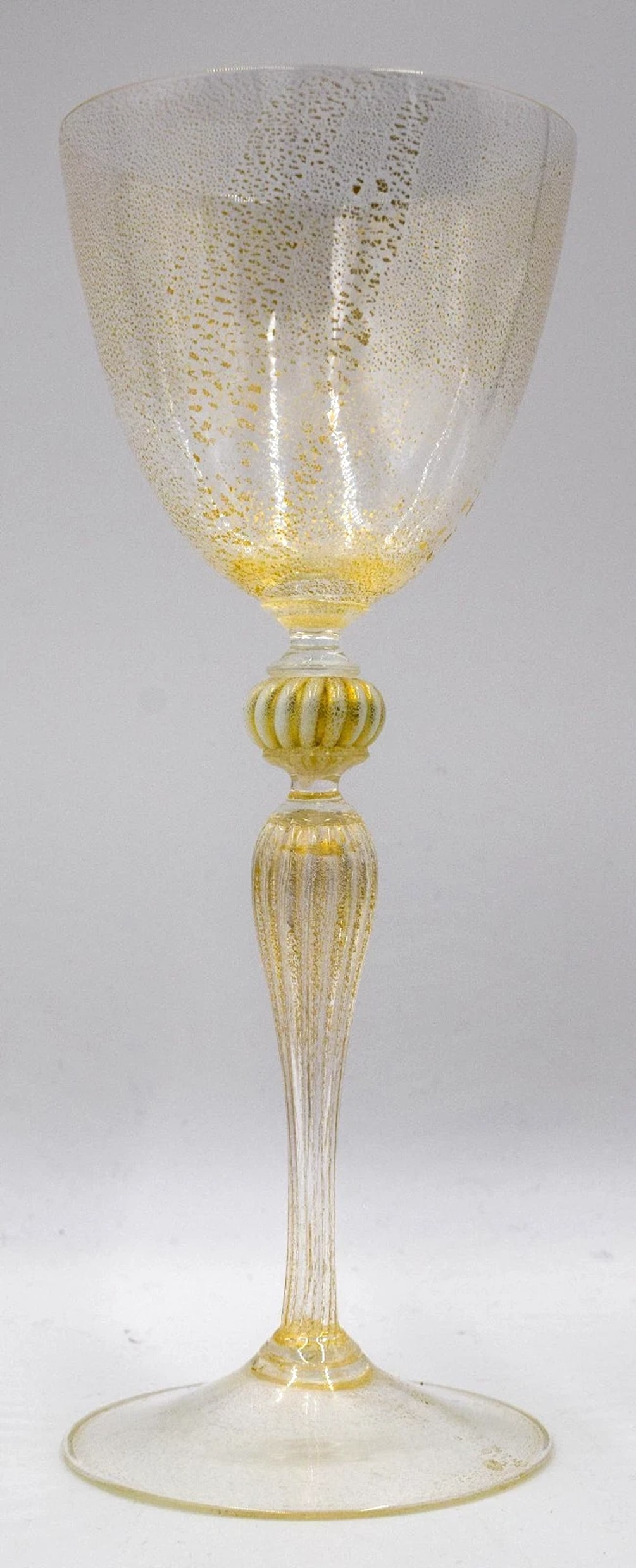 Murano Salviati Gold Mica Fleck Handblown Goblet, Circa 1920: Condition: Used,Brand: Murano,Type: Goblet,Color: Clear & Gold,Year Manufactured: 1920,Country of Origin: Italy