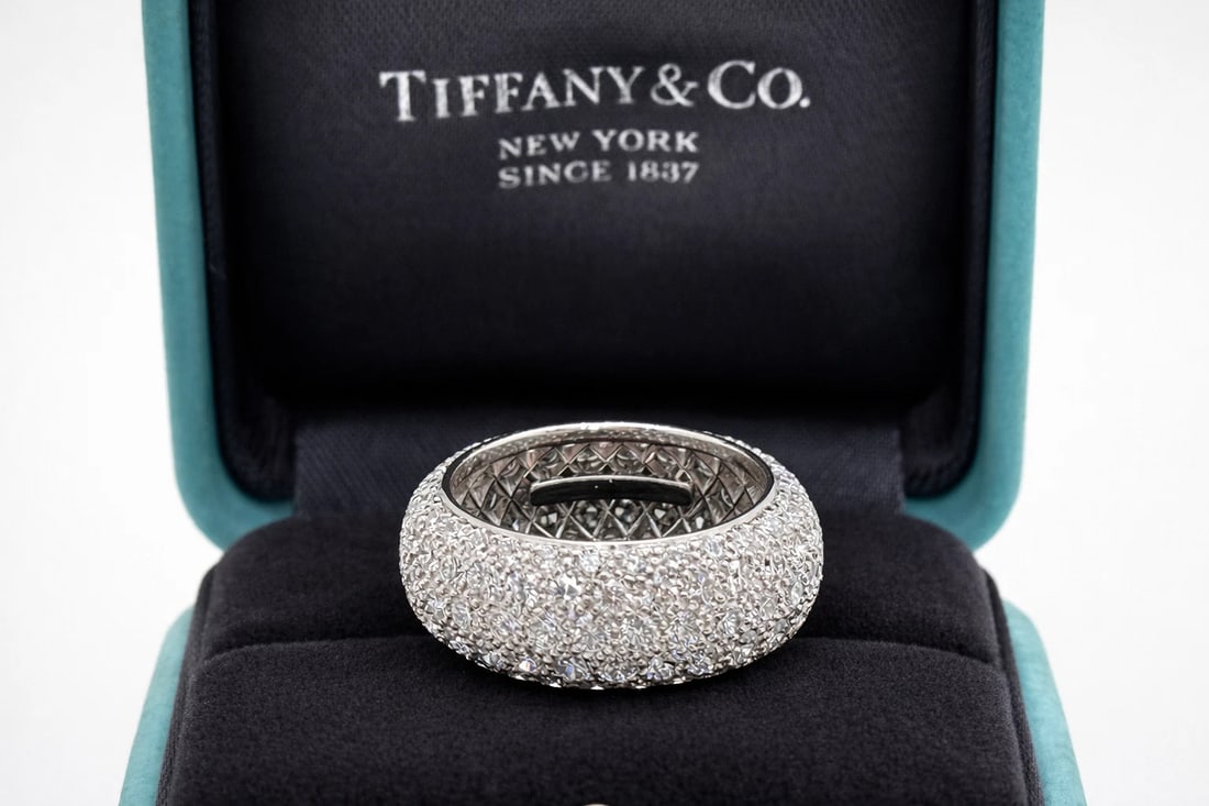 Tiffany & Co Etoile Platinum 5 Row Pave Set Diamond Eternity Ring Band Size 5: Condition: Pre-owned - Good,Main Stone Creation: Natural,Seller Warranty: No,Signed: No,Sizable: No,Main Stone Color: White,Metal: Platinum,Total Carat Weight: 3.75 tcw,Main Stone: Diamond,Ring Size: