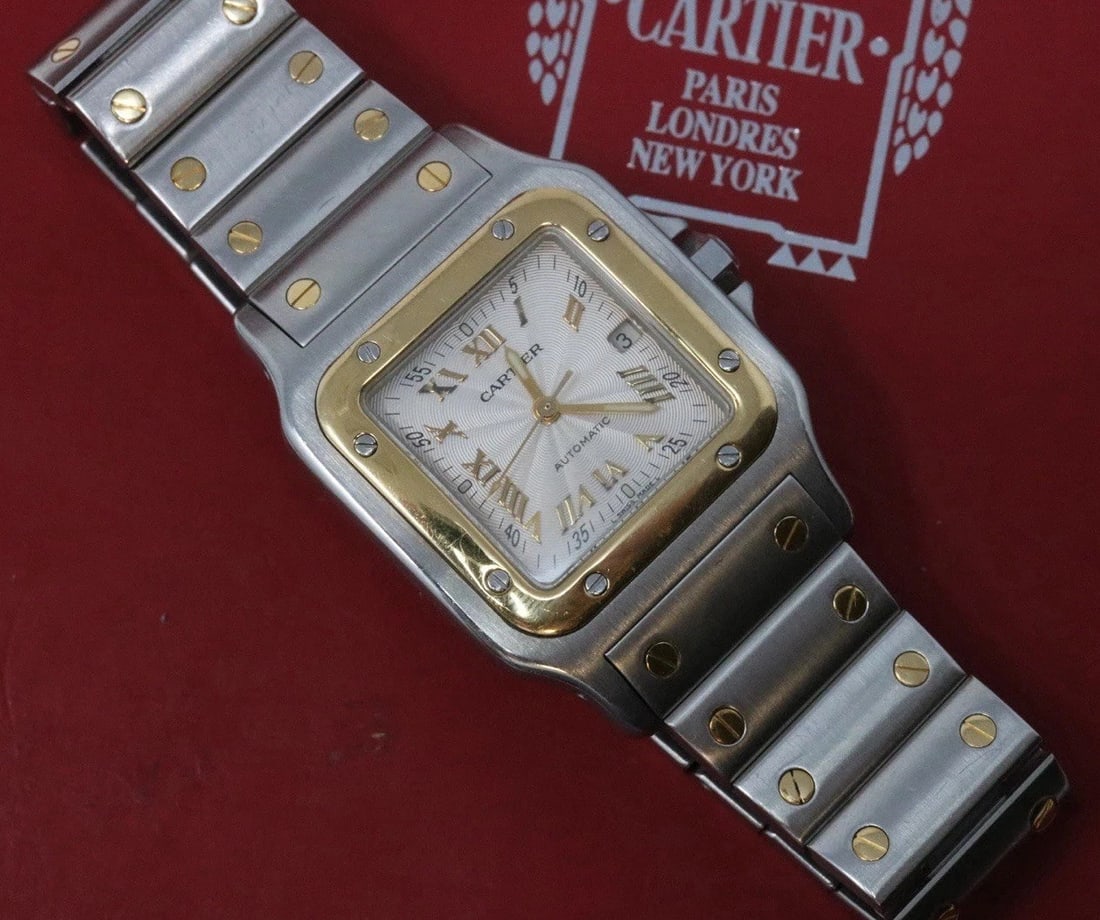 Cartier Santos Galbee Large 2319 Gold/Steel Guilloche Dial 29mm Auto Watch: Condition: Pre-owned - Good: This item has been gently used but is in good condition. It might have a few signs of wear, like light scratches or tarnishing. All imperfections should be shown and descr