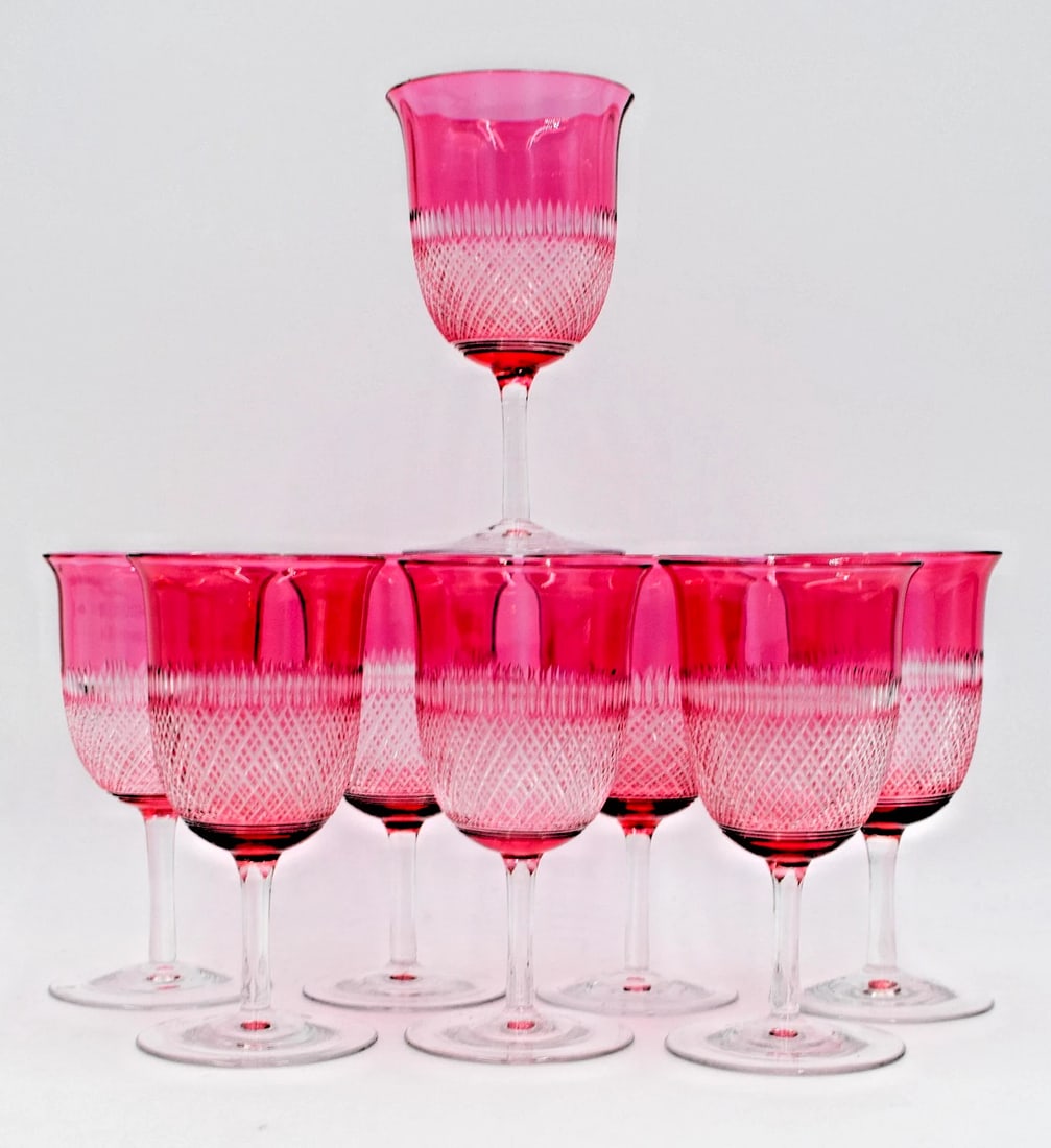 Set of 8 Cranberry Cut to Clear Glass Small Wines - ABP - Very Fine: Condition: Used,Color: Clear,Production Style: Cut Glass,Brand: ABP,Type: Wines,Material: Crystal