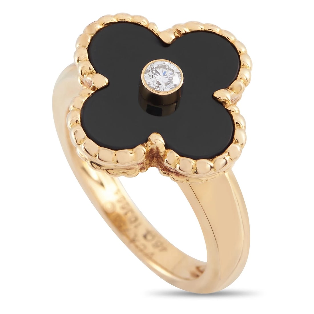 Van Cleef & Arpels 18K Yellow Gold Alhambra Onyx Diamond Ring VC15-031725: Condition: Pre-owned - Good: This item has been gently used but is in good condition. It might have a few signs of wear, like light scratches or tarnishing. All imperfections should be shown and descr