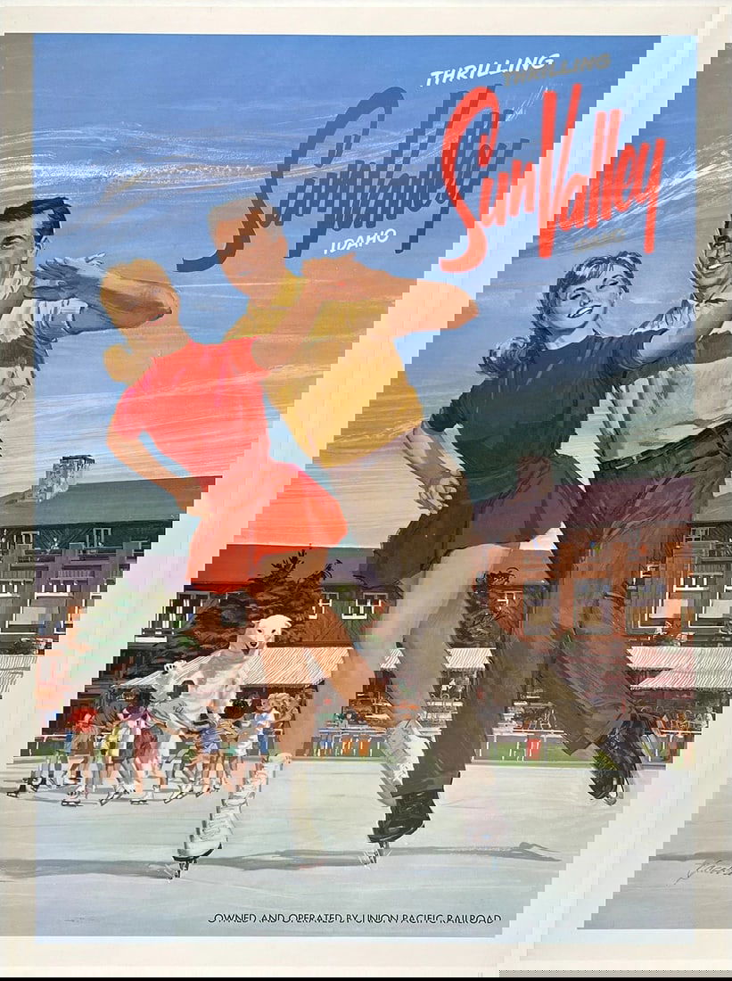 Original Vintage Poster SUN VALLEY IDAHO Union Pacific Railroad Skiing Travel OL: Dimensions: 25.2 x 33.9 in. / 64 x 86 cm.; Circa: 1950sOriginal vintage "THRILLING SUN VALLEY IDAHO" travel poster, plate signed by its artist, JACOBSON, and printed circa 1950s.