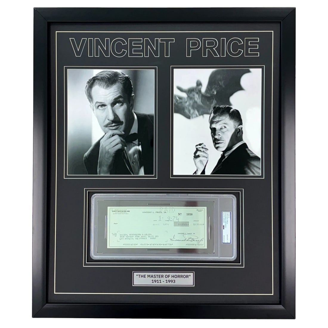 Vincent Price Autographed Framed Check PSA COA Hand Signed House of Wax: Country of Origin: United States,Industry: Movies,Personalize: No,Movie: House of Wax,Signed by: Vincent Price,Signed: Yes,Size: 26x22x1,Autograph Authentication: PSA,Object Type: Photograph,Original/
