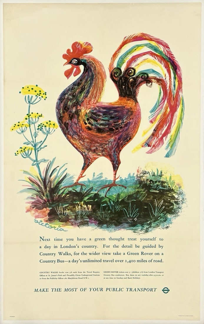 Original Vintage Poster LONDON UNDERGROUND CONTRY WALKS Rail Travel LINEN: Dimensions: 25 x 40 in. / 63.5 x 101.6 cm.; Circa: 1950sOriginal vintage "LONDON UNDERGROUND - COUNTRY WALKS - GREEN ROVER" British railroad travel poster, plate signed by its artist, VICTORIA, and pr