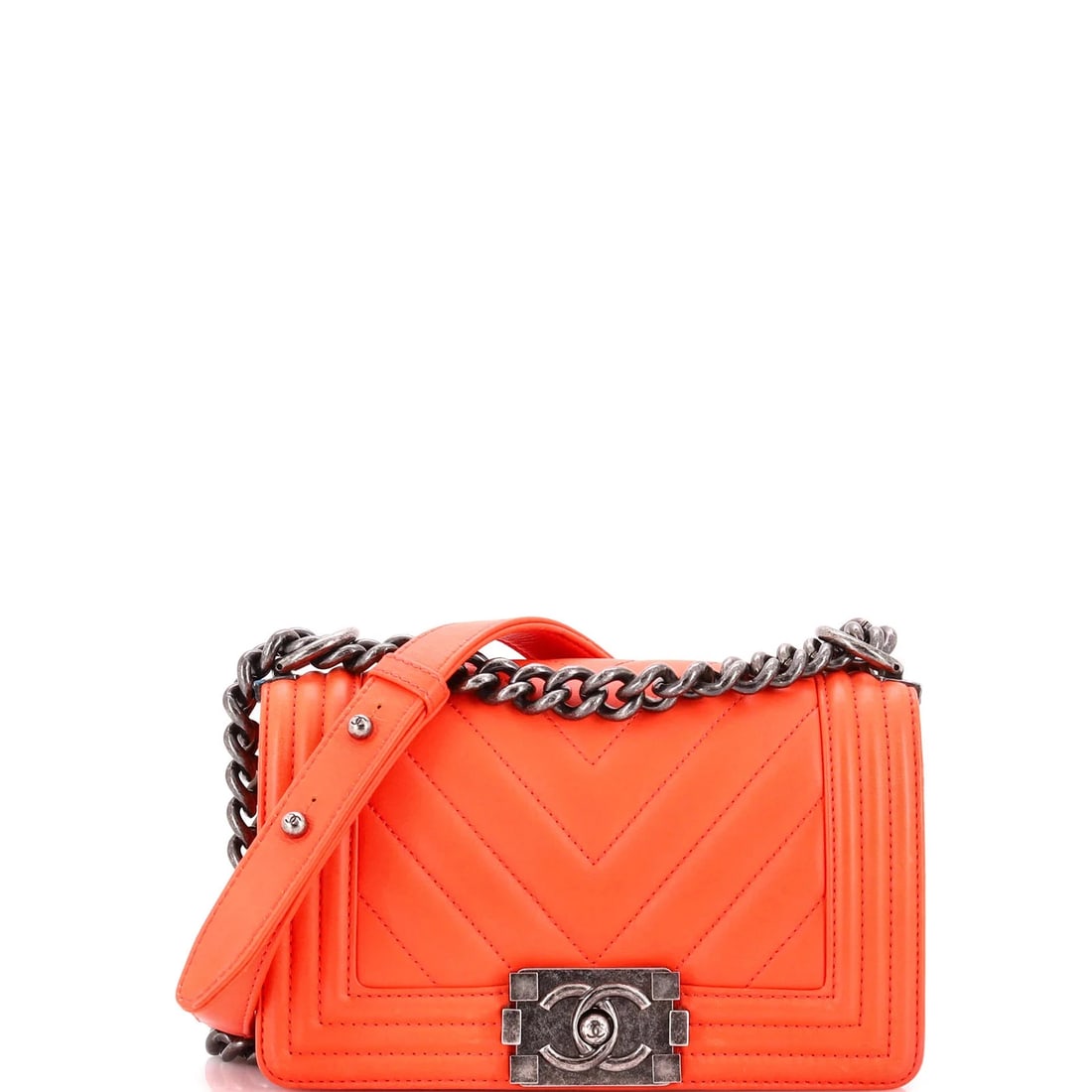 Chanel Boy Flap Bag Chevron Calfskin Small: Condition: Pre-owned - Good,Brand: Chanel,Exterior Material: Leather,Style: Cross Body Bags,Exterior Color: Orange,Department: Women,Size: Small,Accessories: Dust Bag, Authenticity Card