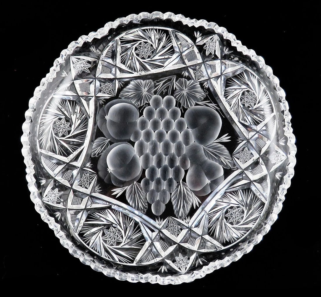 Antique American Brilliant Mt Washington Crystal Cut Glass Fruit Dish: an antique, etched crystal glass fruit or centerpiece bowl, dish, platter or tray made by Mt. Washington during the late 1800s. Mt. Washington was absorbed into the Pairpoint Manufacturing Co in 1900.