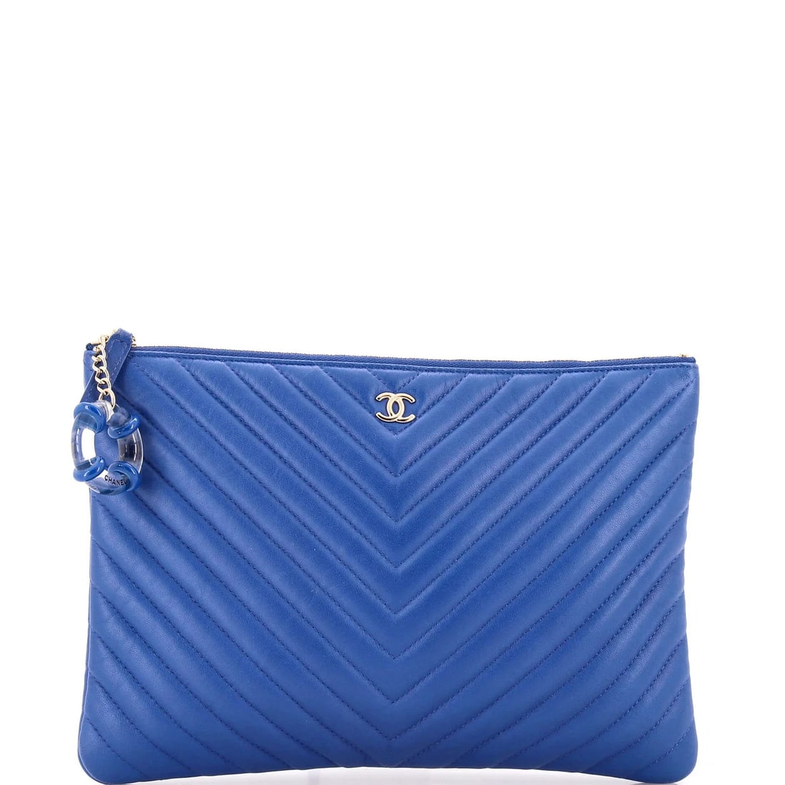 Chanel Charm O Case Pouch Chevron Lambskin Medium: Condition: Pre-owned - Good,Brand: Chanel,Exterior Material: Leather,Style: Clutches,Exterior Color: Blue,Department: Women,Size: Medium,Accessories: Dust Bag