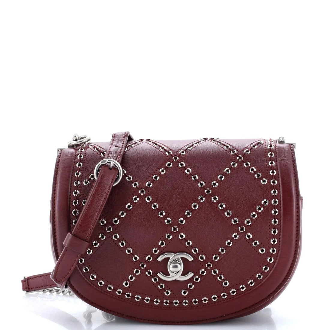 Chanel Coco Eyelets Round Flap Bag Quilted Calfskin Small: Condition: Pre-owned - Good,Brand: Chanel,Exterior Material: Leather,Style: Shoulder Bags,Exterior Color: Red,Department: Women,Size: Small