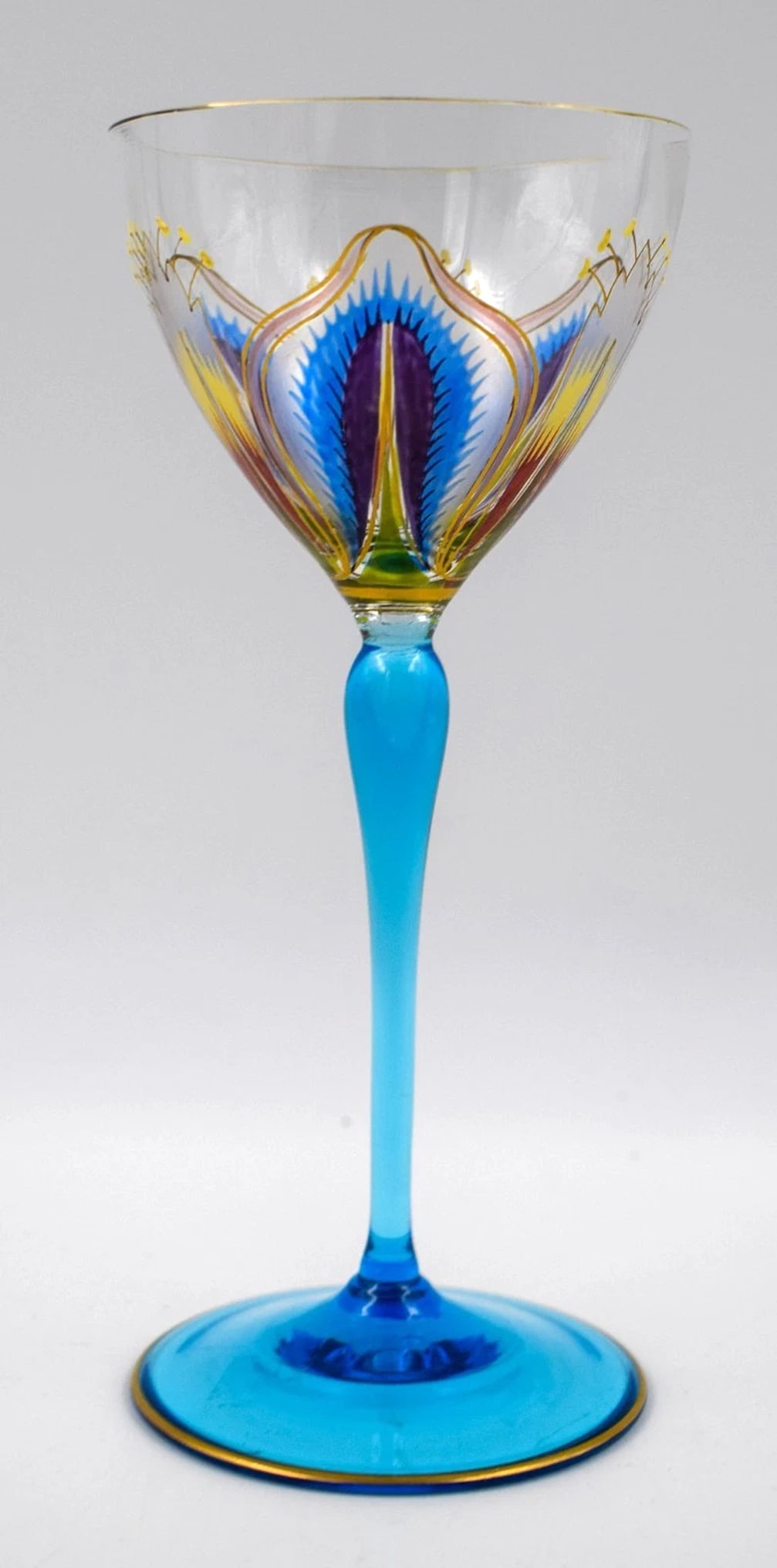 Theresienthal Enameled Art Nouveau Flower Wine Glass w/Aqua Stem, Circa 1920: Measures 7" high by 3 1/8" wide.