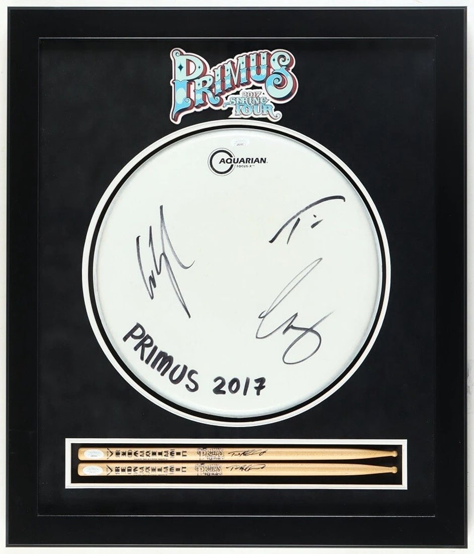 PRIMUS Signed Drumhead Display W/ AUTOGRAPH Sticks JSA COA Claypool Alexander +1: Industry: Music,Signed: Yes,Autograph Authentication: James Spence (JSA),Object Type: Drumhead,Original/Reproduction: Original,Country of Origin: United States