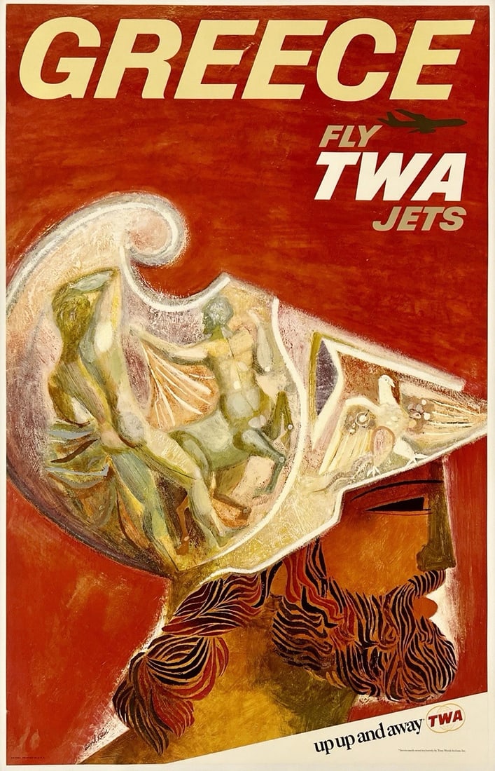 Original Vintage Poster GREECE FLY TWA UP UP & AWAY Airline Travel Tourism LINEN: Dimensions: 25.4 x 39.8 in. / 64.5 x 101 cm.; Circa: 1960sOriginal vintage "GREECE - FLY TWA JETS - UP UP & AWAY" airline travel poster, plate signed by its artist, DAVID KLEIN, and printed circa 1960