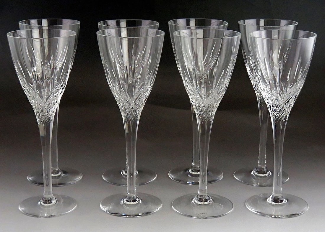 8 Vintage English Stuart Cambridge Cut Glass Crystal Champagne Flutes Glasses: Each glass measures 3 1/8 inches in diameter at the top and is 8 1/4 inches tall.