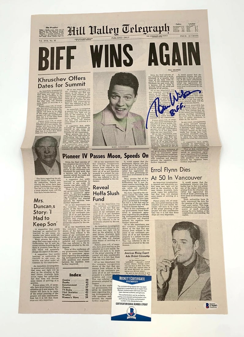TOM WILSON BACK TO THE FUTURE SIGNED NEWSPAPER PROP AUTOGRAPH BECKETT BAS COA 2: Original/Reproduction: Original,Autograph Authentication: Beckett,Industry: Movies,Country of Origin: United States