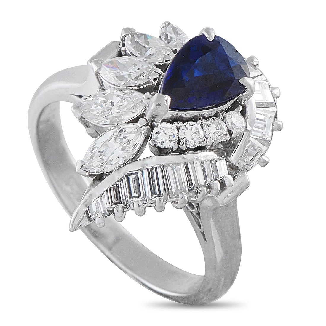 Platinum 1.15ct Diamond and Sapphire Ring: Condition: Pre-owned - Good: This item has been gently used but is in good condition. It might have a few signs of wear, like light scratches or tarnishing. All imperfections should be shown and descr