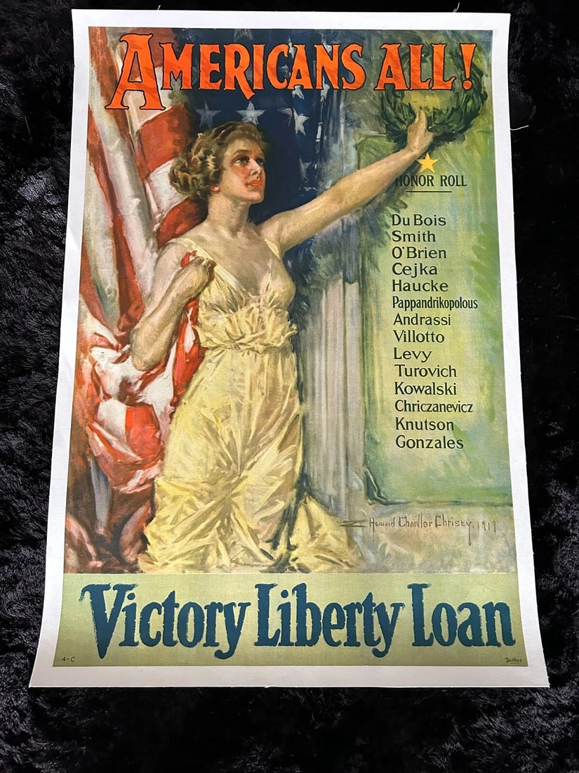 Orig. 1919 WWI Poster, "AMERICANS ALL, Victory Liberty Loan Christy LINEN LINED: Condition: Used,Country of Origin: United States,Modification Description: Archival Linen Lining!,Conflict: WW I (1914-18),Original/Reproduction: Original,Theme: Militaria,Region of Origin: United Sta