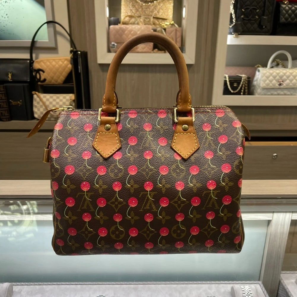Louis Vuitton Speedy Satchel 25 Brown Canvas Monogram Cerises: Condition: Pre-owned - Fair,Bag Width: 10 in,Pattern: Monogram Cerises,Shape: Rectangle,Bag Height: 8 in,Handle/Strap Color: Brown,Handle Drop: 3 in,Size: 25,Lining Material: Fabric,Hardware Color: Go