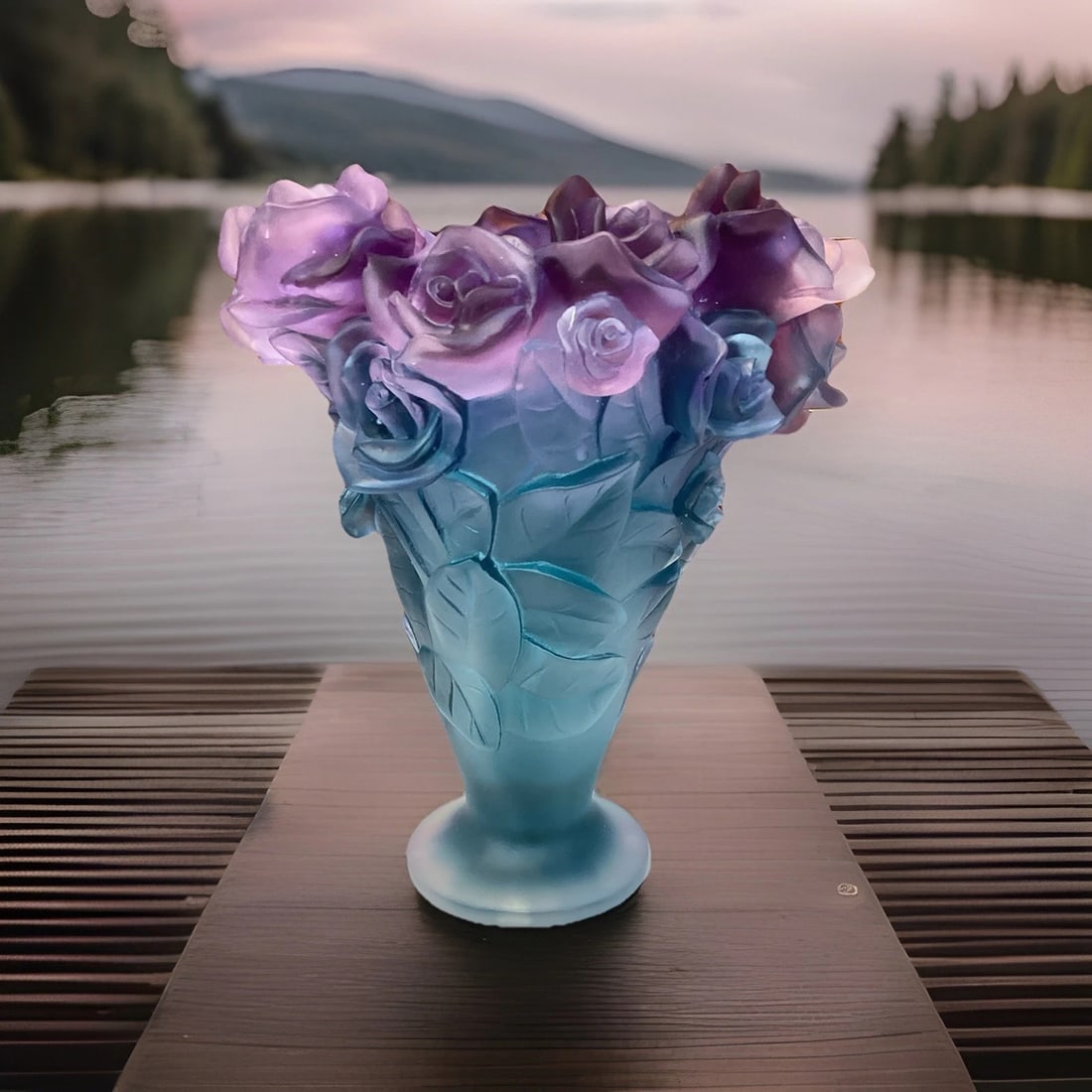 Xl Nancy Daum Style Blue Multi Rose Vase H9??W9?? Heavy Art Glass Maker Unknown: Brand: Daum,Type: Vase,Material: Glass,Color: Blue,Production Style: Art Glass,Subject: Rose,Era: Unknown,Model: Nancy Daum W9Maker not Nancy Daum or Daum Crystal This product is a beautiful XL Nancy