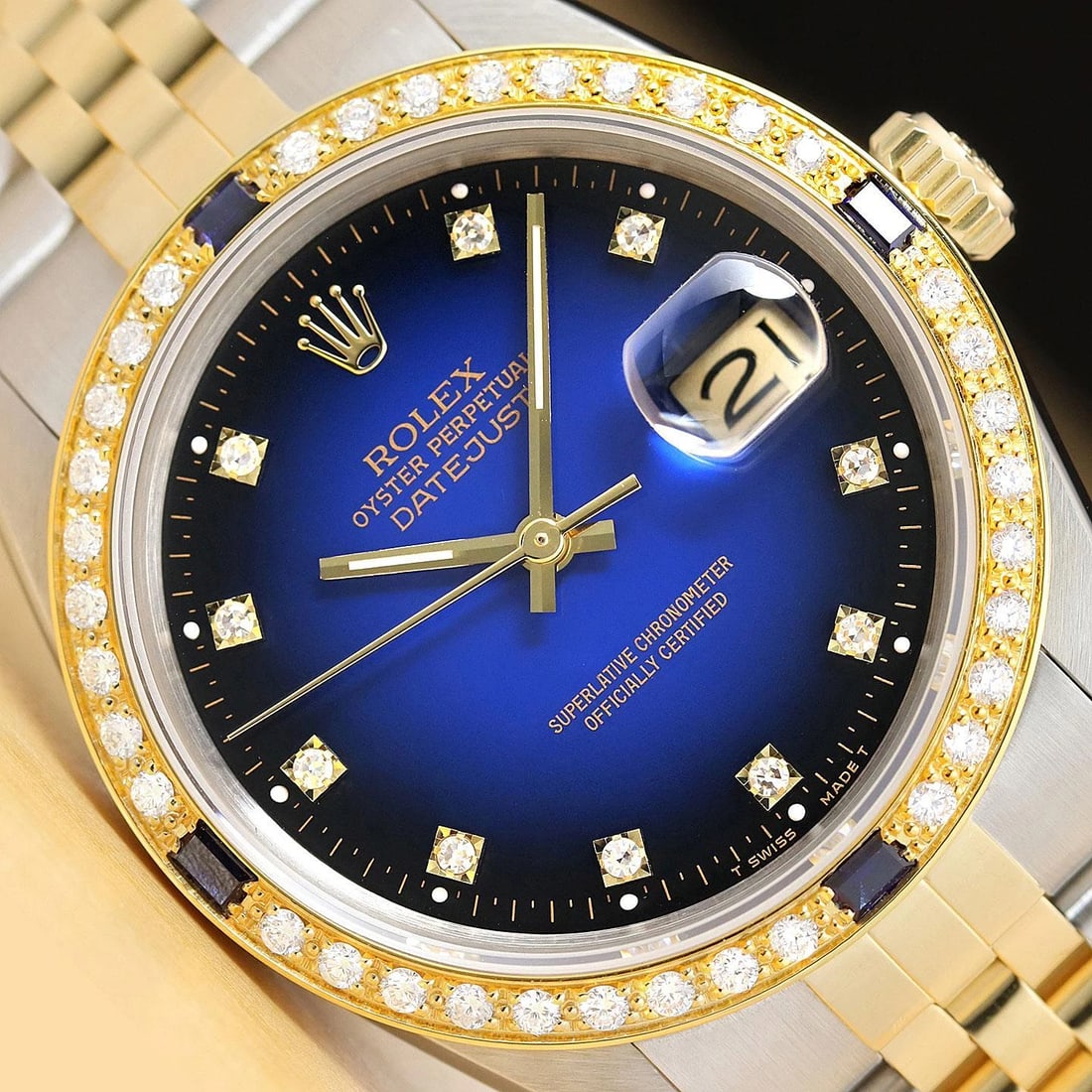 ROLEX MENS DATEJUST 16013 FACTORY DIAMOND DIAL 18K GOLD STEEL SAPPHIRE WATCH: Condition: Pre-owned - Good,Bezel Color: Gold,Max Wrist Size: 7.26-7.5 in,Number of Jewels: 27 Jewels,Indices: Diamond Markers, 12-Hour Dial,Bezel: Custom 18K Yellow Gold Diamond and Sapphire Bezel,Ba