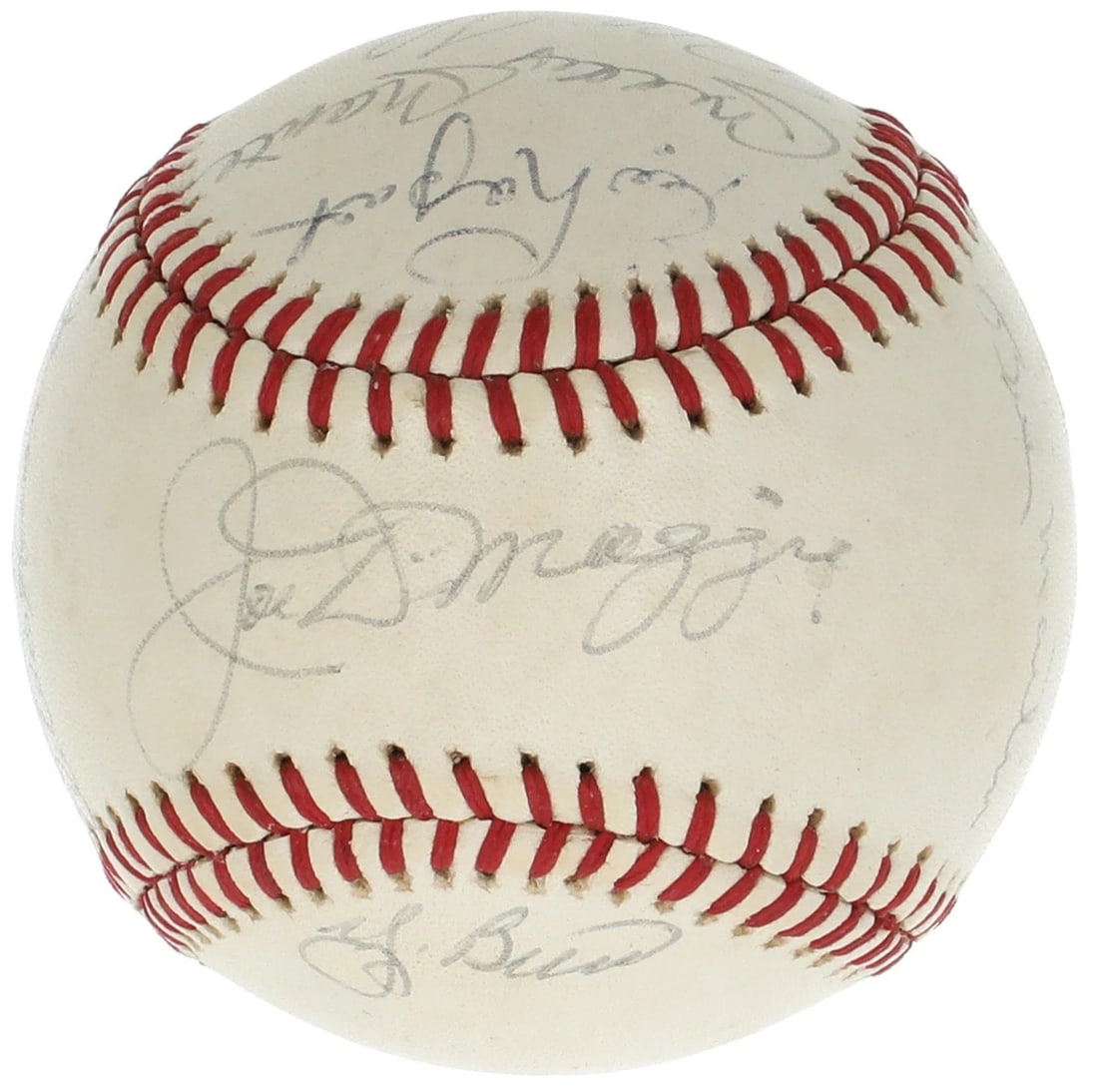 Mickey Mantle Roger Maris Joe Dimaggio NY Yankees Legends Signed Baseball BAS: Ten former Yankees including National Baseball Hall of Famers Yogi Berra, Phil Rizzuto, Whitey Ford, Joe DiMaggio, Mickey Mantle, and fellow stars Eddie Lopat, Bobby Thomson, Roger Maris, Billy Martin