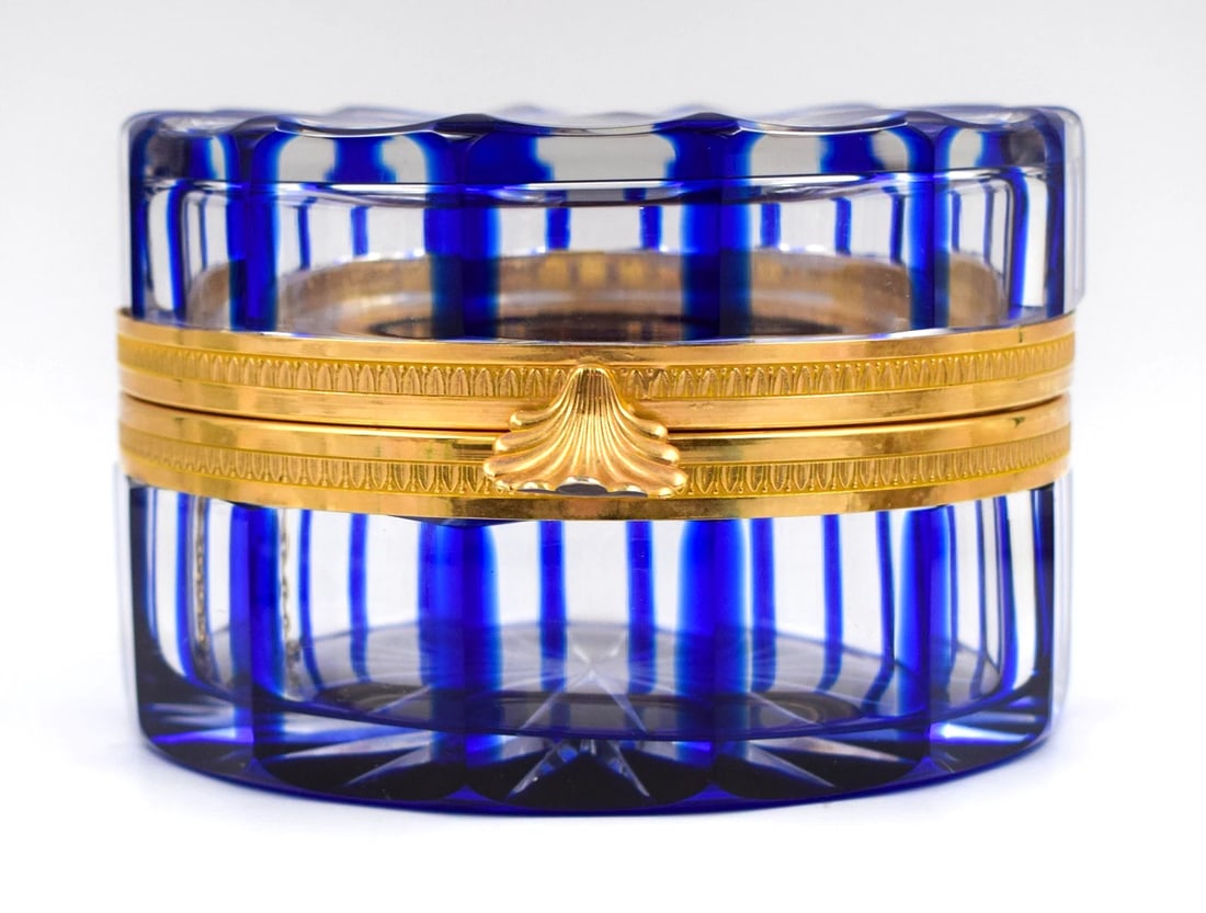 Large French Blue Cut to Clear Round Jewelry Glass Box w/Metal Mounts Circa 1935: Measures 6 5/8" diameter by 4 1/8" deep.. Condition: Used,Country of Origin: France