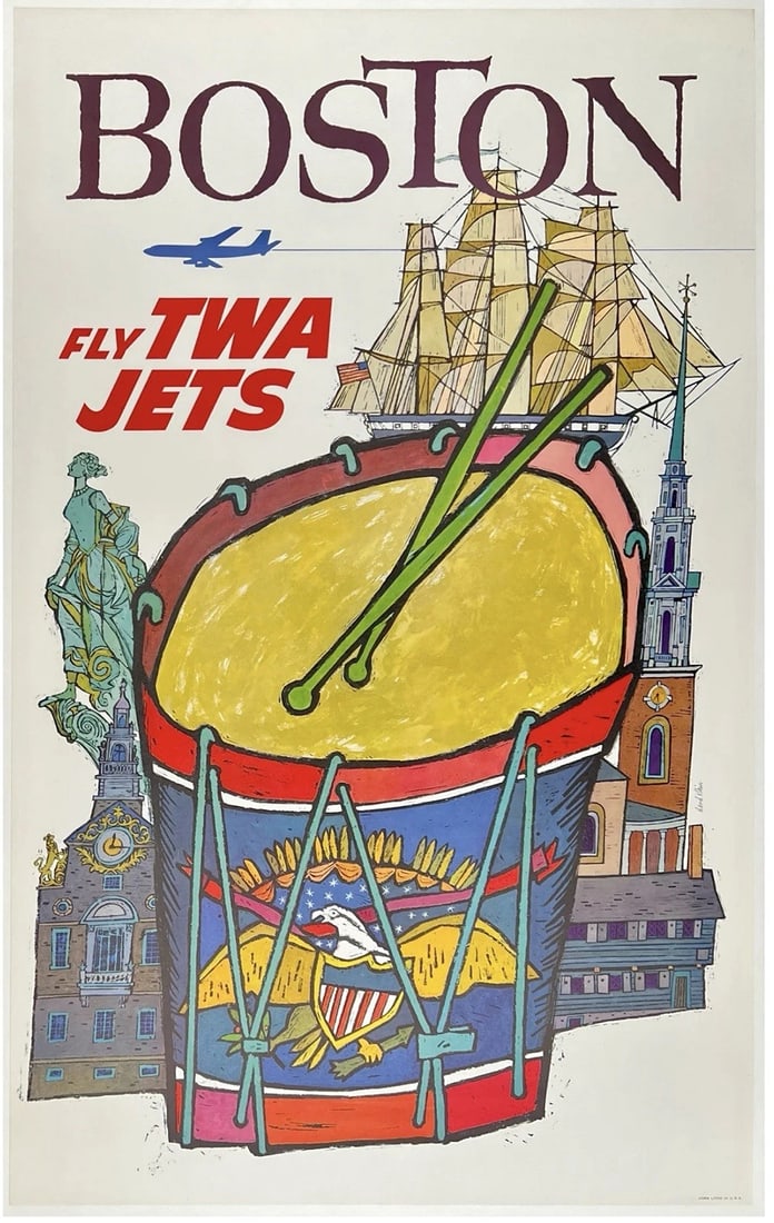 Original Vintage Poster BOSTON FLY TWA JETS Airline Travel Tourism KLEIN OL: Dimensions: 25 x 40.3 in. / 63.5 x 102.4 cm.; Circa: 1960s. Condition: Used,Country of Origin: United States,Type: Poster,Airline: TWA,Modified Item: No