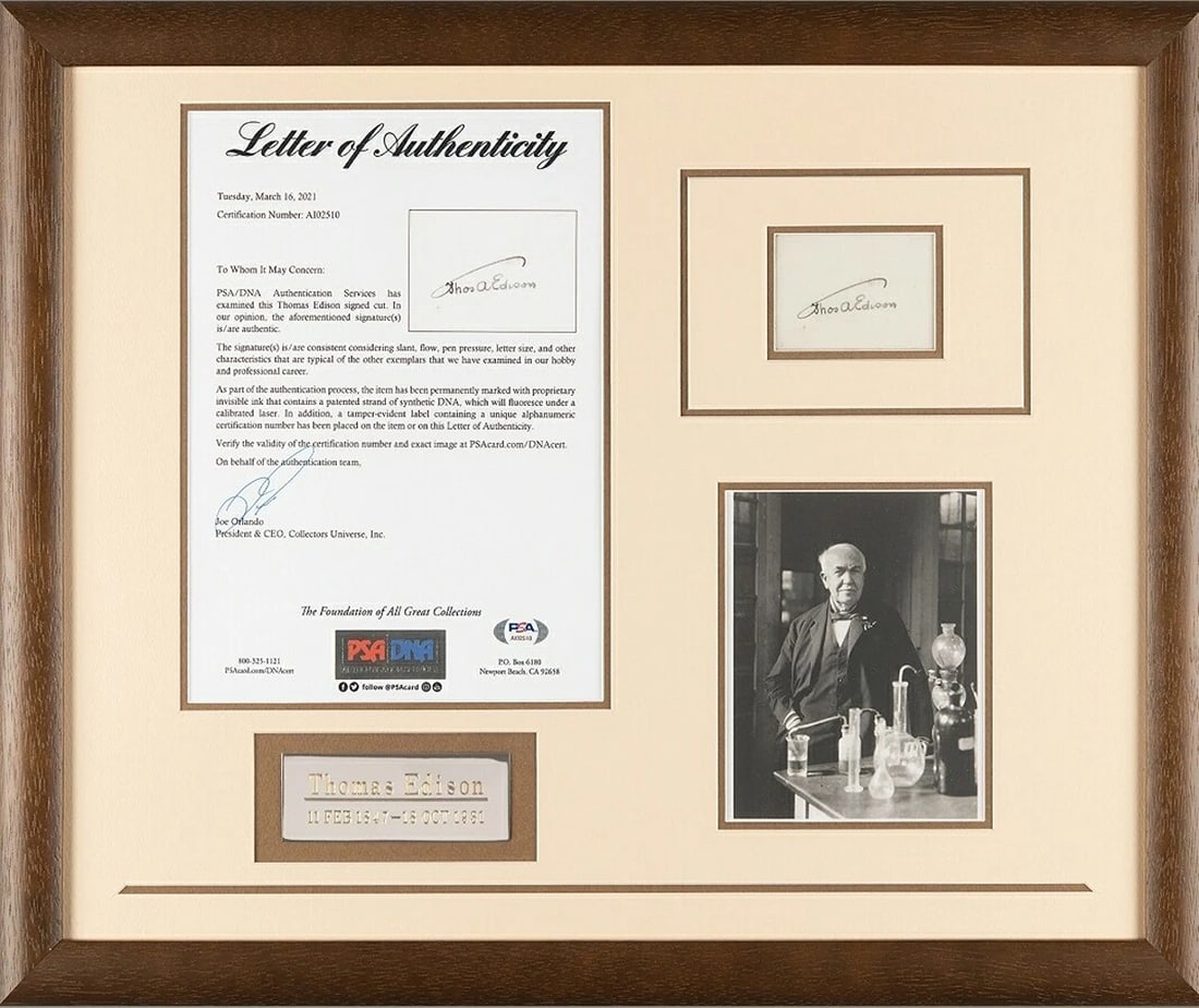 Thomas Edison Custom Framed Signed Cut Display (PSA LOA): Condition: Used: An item that has been used previously. See the seller’s listing for full details and description of any imperfections. ,Industry: Historical,Signed: Yes,Country of Origin: United St