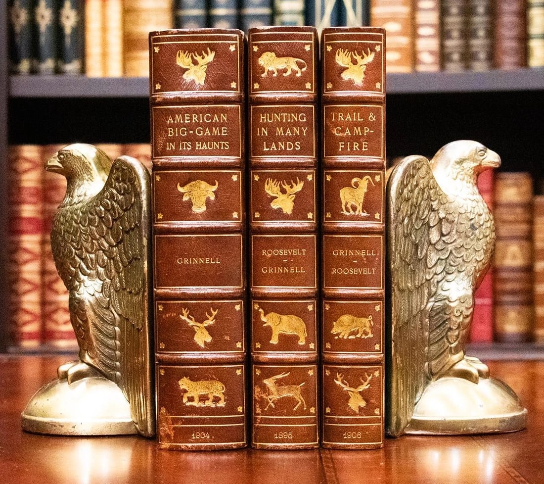 Theodore Roosevelt / Big Game Hunting in Many Lands 1st Edition 1895: Author: Theodore RooseveltTitle: Big Game Hunting in Many LandsPublication: New York: Forest and Stream Publishing Company, 1895Edition: First EditionDescription: BOUND BY ADAMS BINDERY IN 3/4 CRUSHED