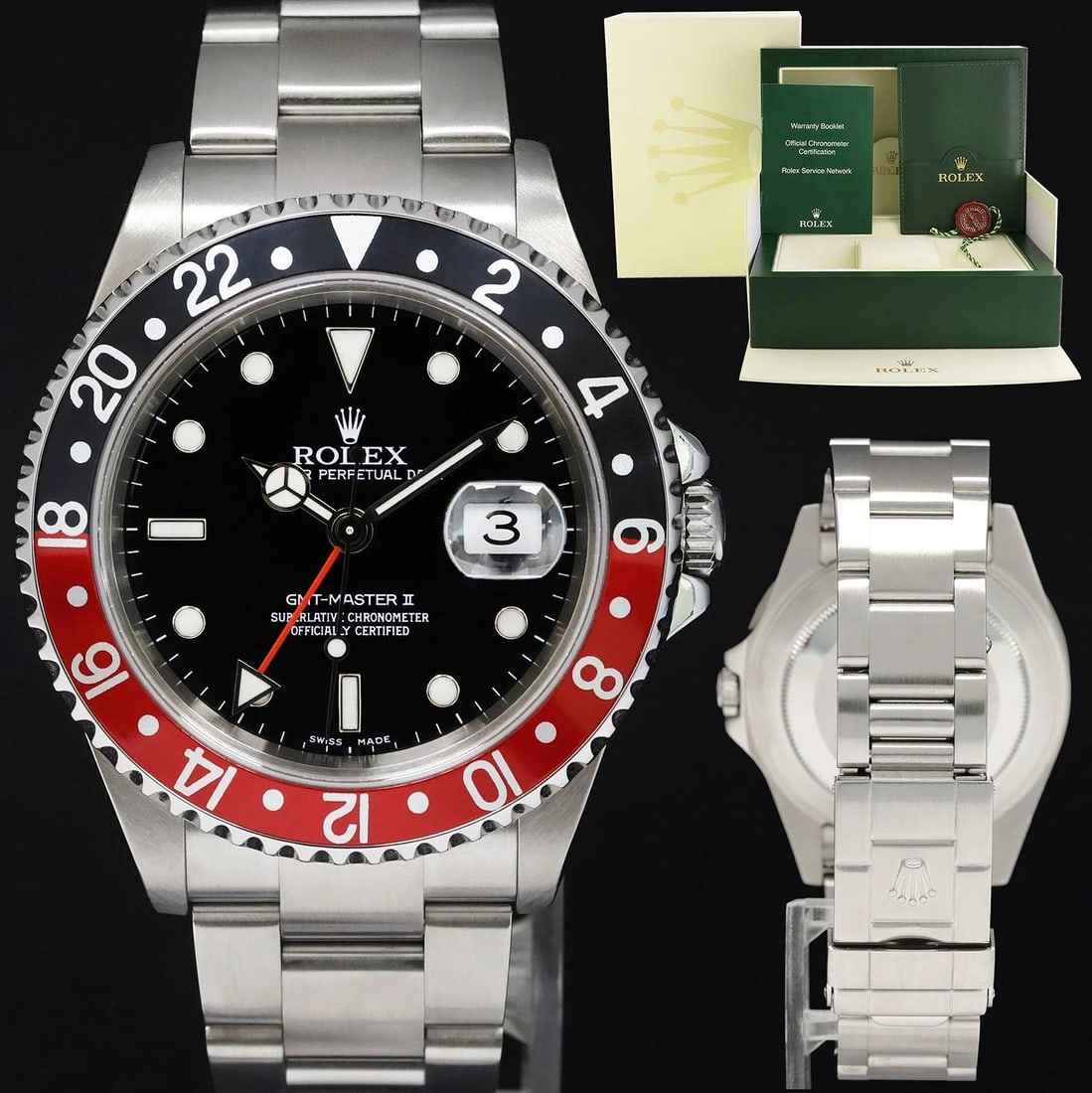 2005 MINT COKE Rolex GMT-Master II Red Black Steel 16710 40mm Watch Box: BrandRolex (Guaranteed Authentic)ModelGMT-Master II CokeReference Number16710 Serial NumberFGenderMen'sMetalStainless SteelCase Size40.00mmWrist SizeThis watch will currently comfortably fit the avera